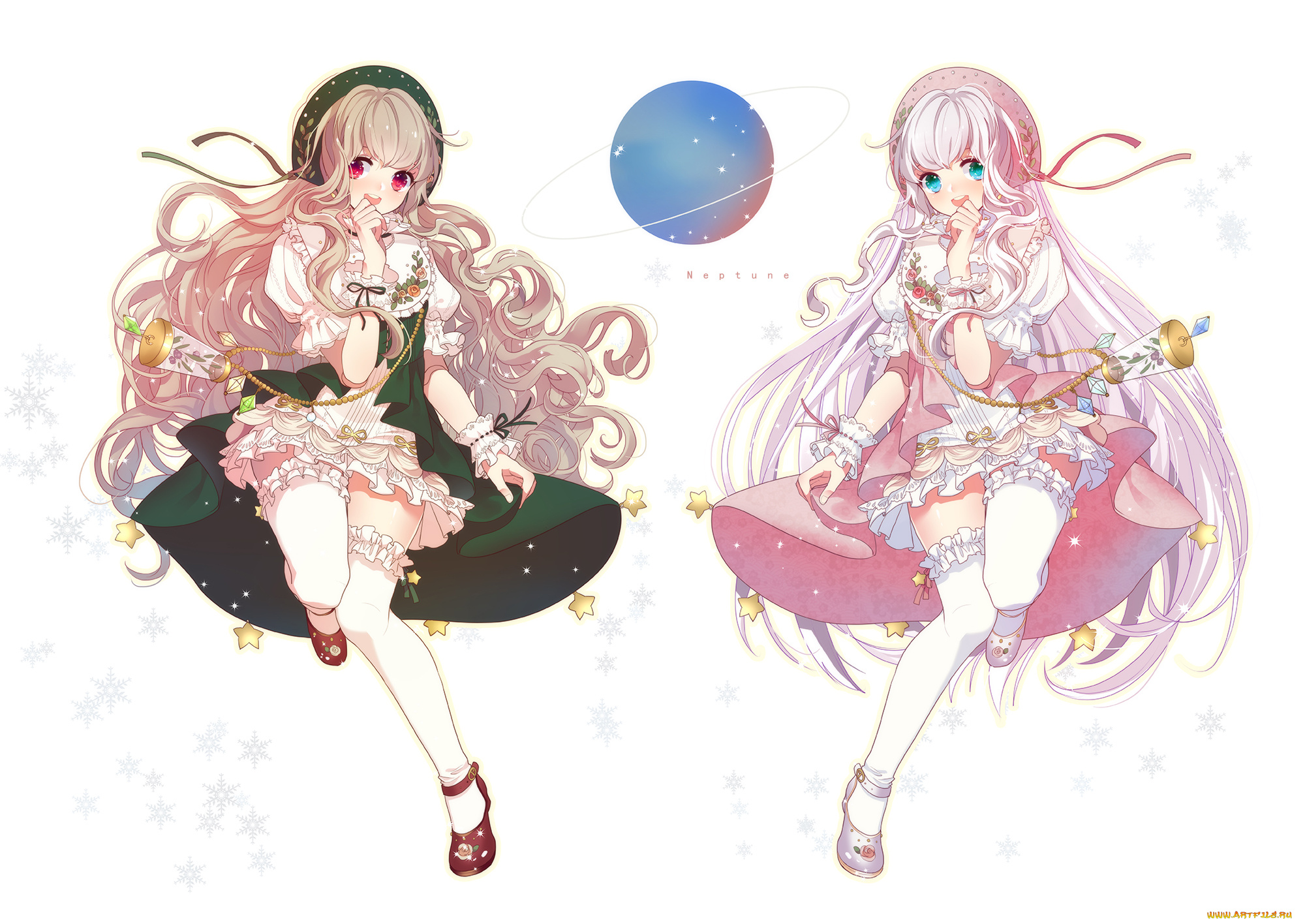 аниме, unknown, , другое, белый, фон, планета, шляпки, платья, miemia, арт, девочки