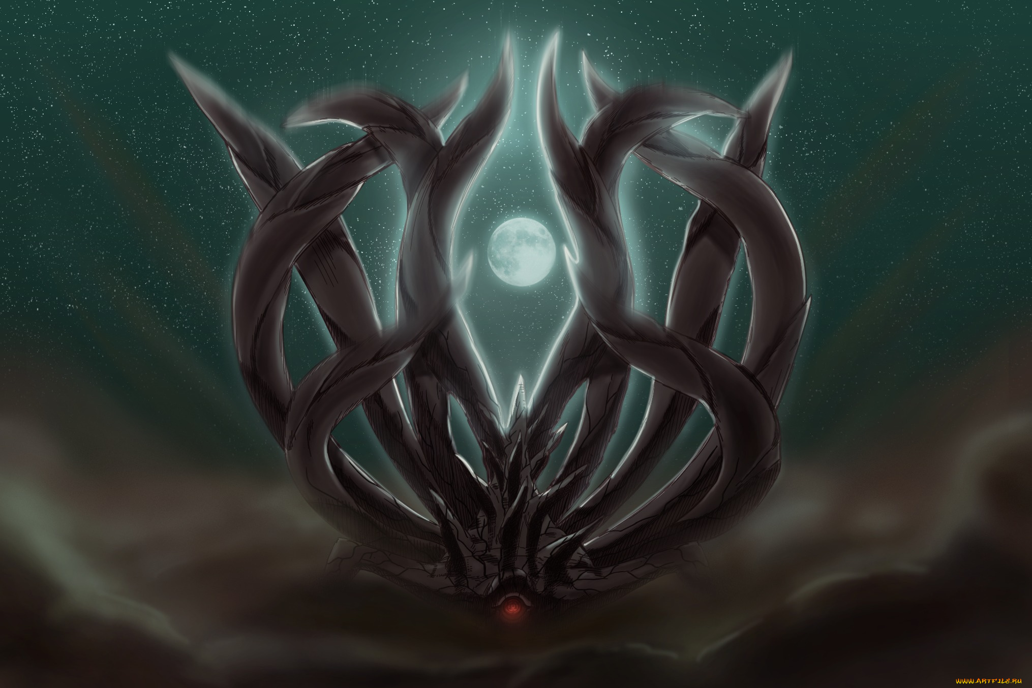 аниме, naruto, луна, ночь, rinesharingan, juubi, art