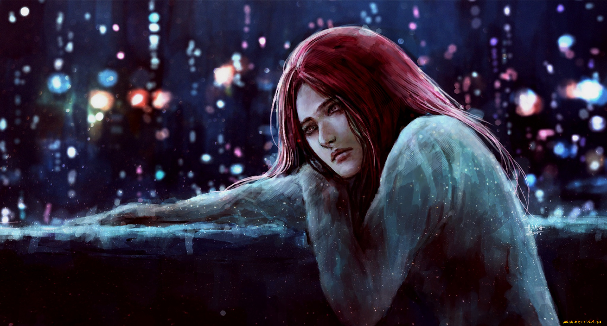 разное, арты, арт, город, ночь, девушка