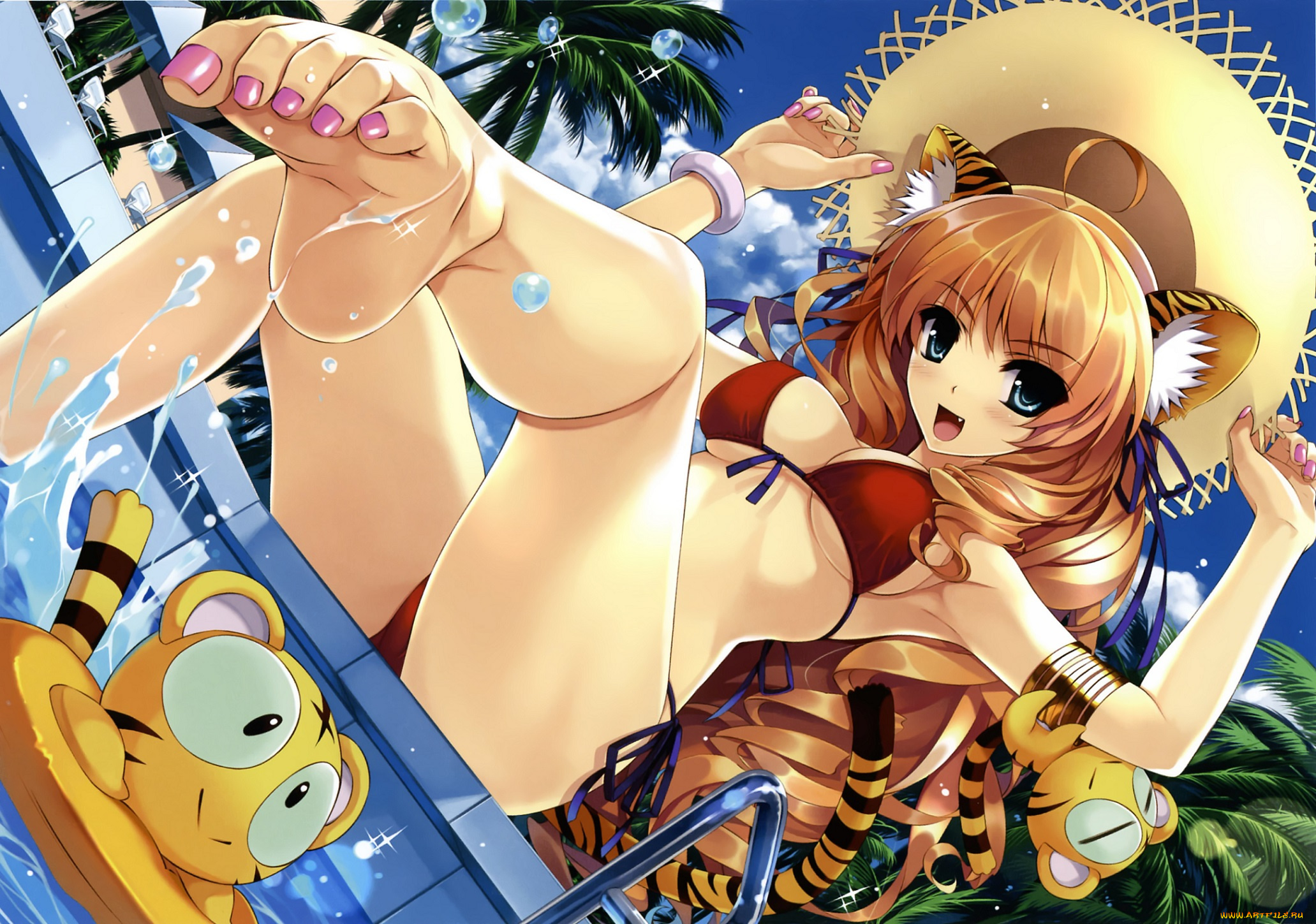 аниме, животные, , существа, шляпа, ноги, педикюр, девушка, ушки, брызги, лето, бассейн, арт, misaki, kurehito