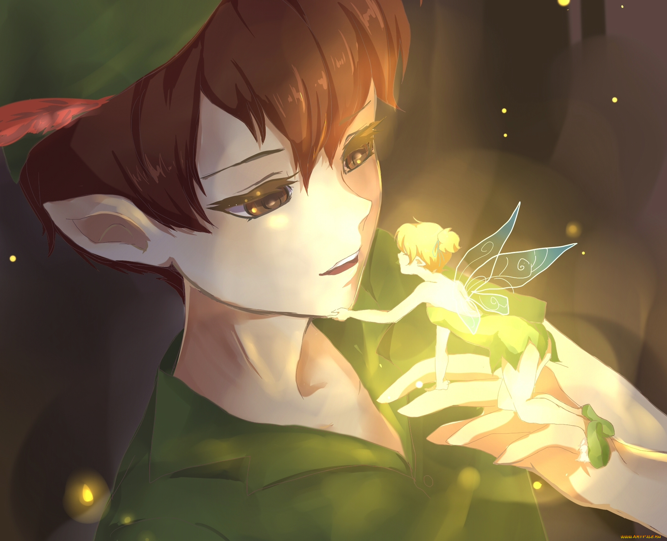 аниме, животные, , существа, misamisa, светлячки, tinkerbell, арт, крылья, фея, парень, peter, pan