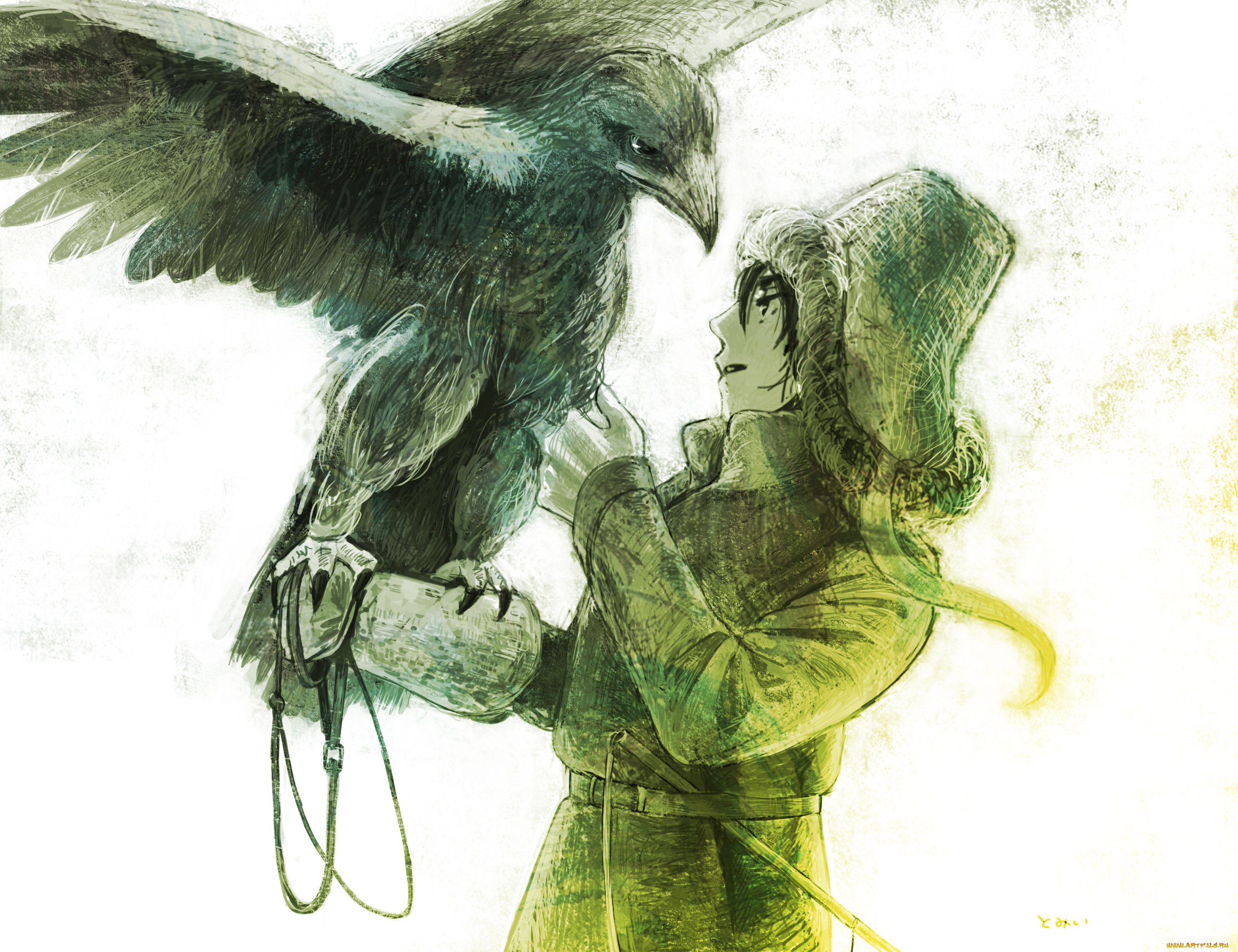 аниме, животные, , существа, tomi, арт, сокол, пальто, шапка, птица, парень