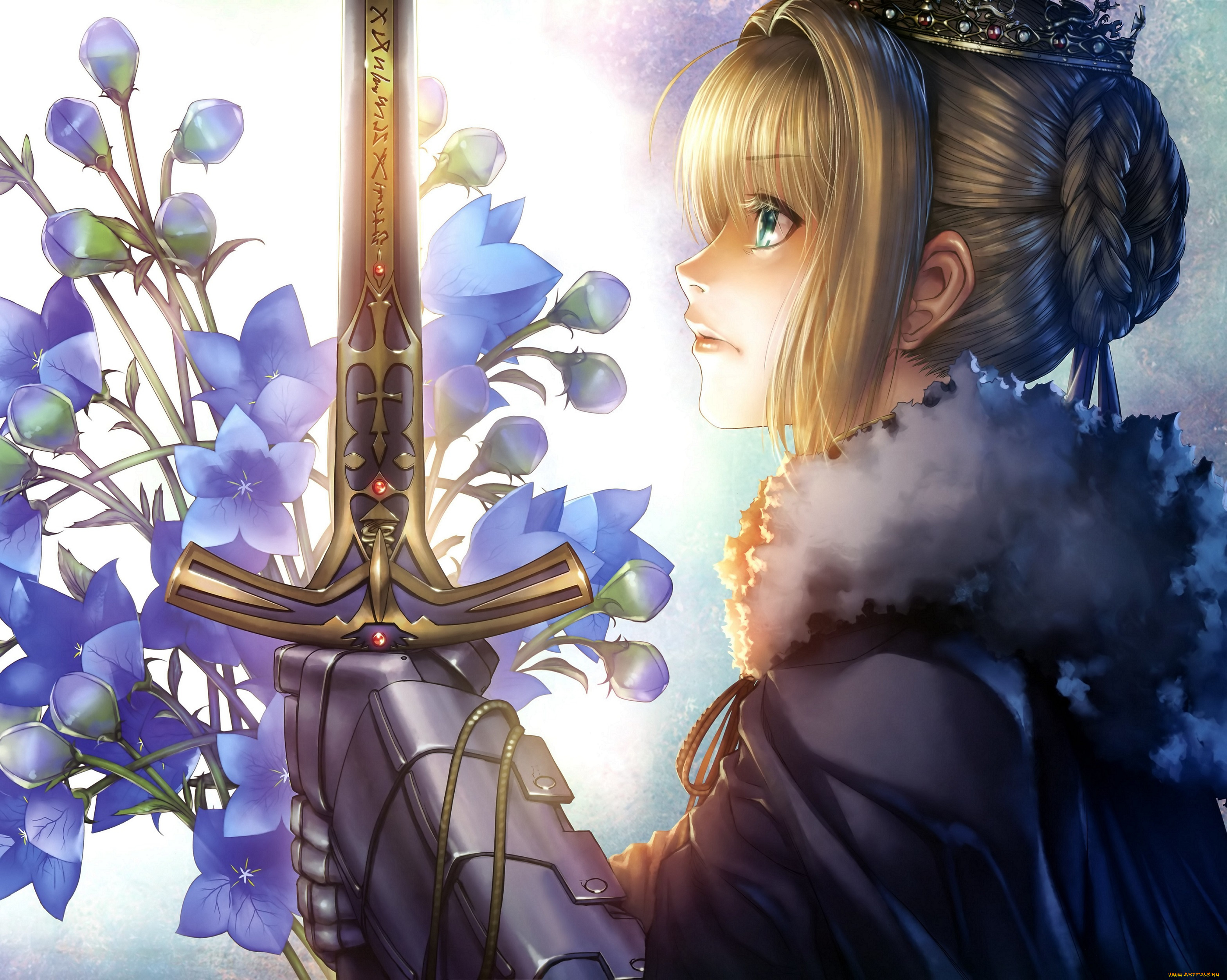 аниме, fate, stay, night, доспехи, девушка, saber, hiroe, rei, оружие, art, stay, night, цветы
