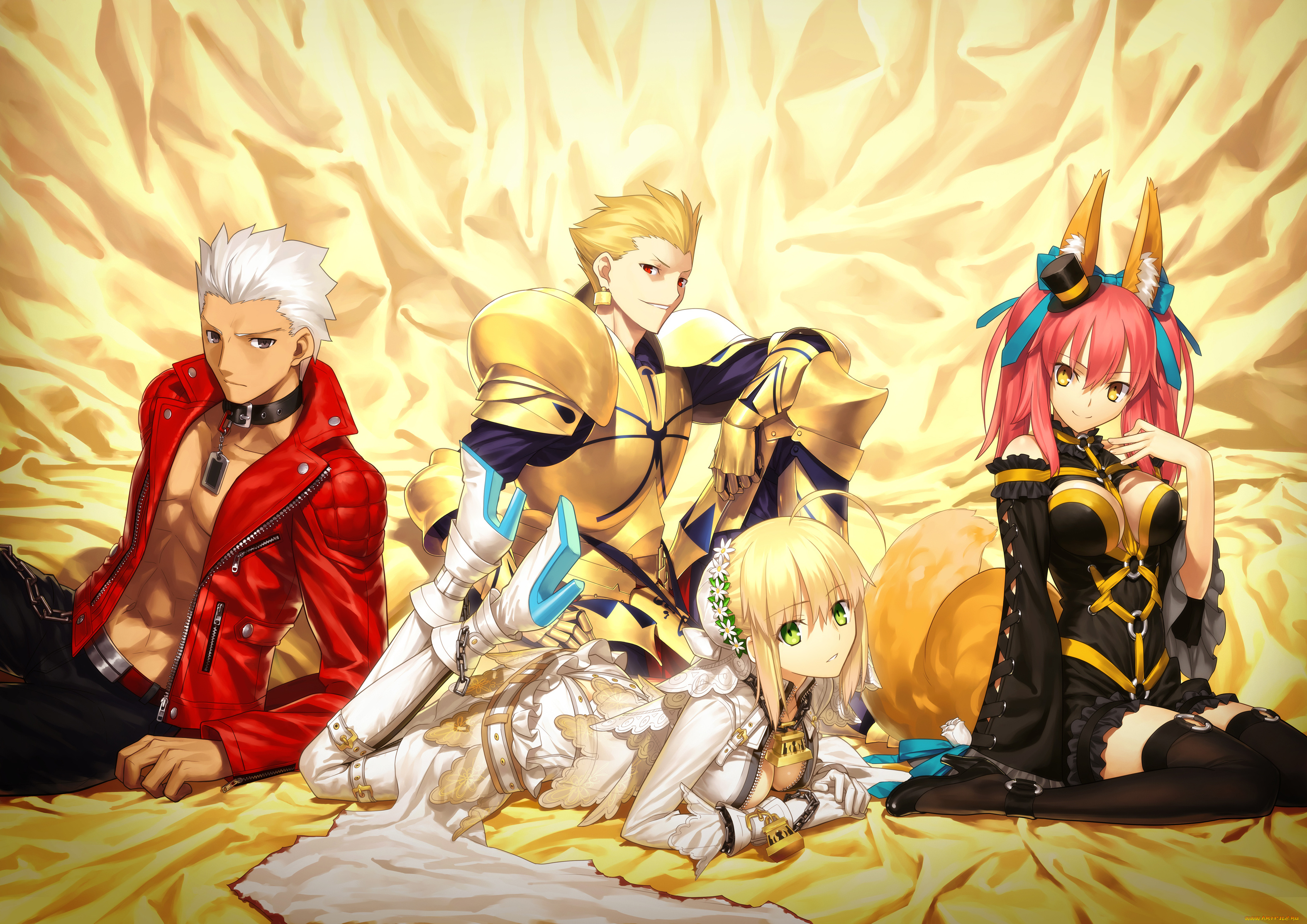 аниме, fate, stay, night, улыбка, настроение, saber, bride, ошейник, неко, caster, extra, takeuchi, takashi, art, archer, gilgamesh, парни, девушки