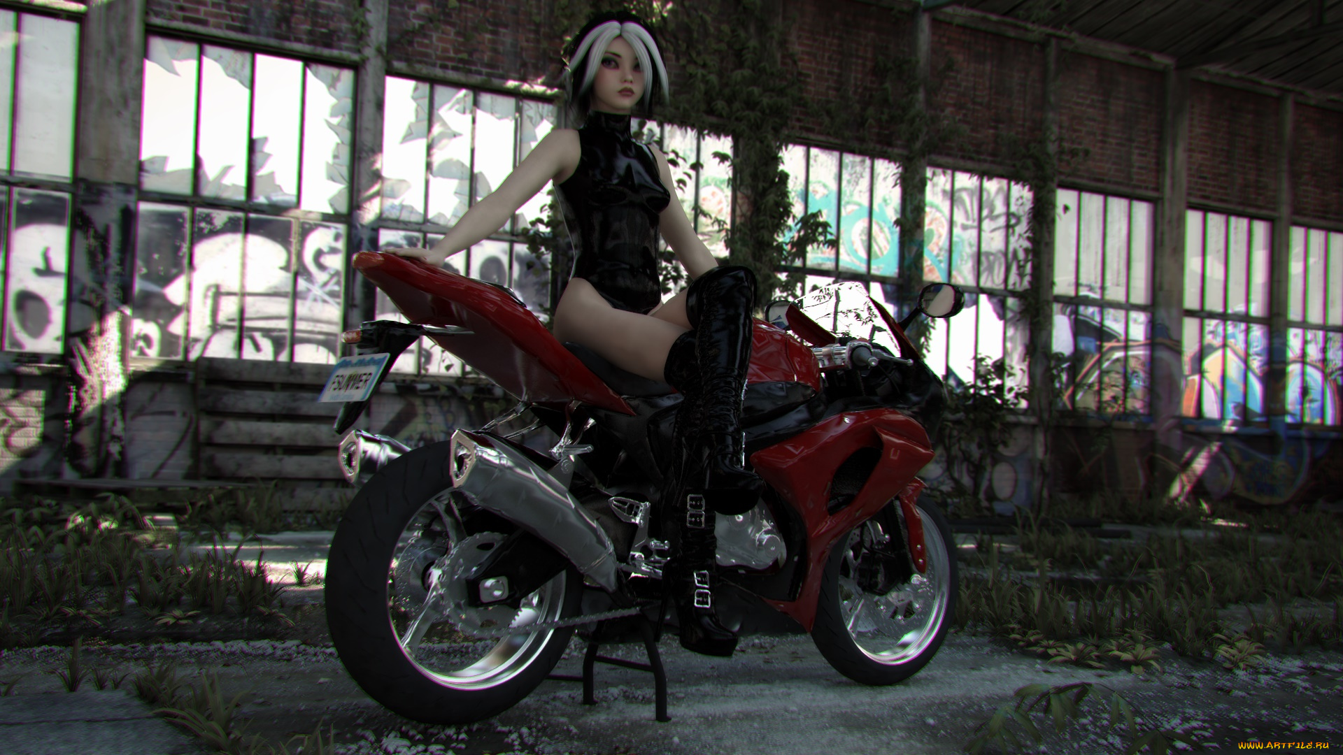 3д, графика, люди-авто, мото, , people-, car, , , moto, девушка, взгляд, фон, мотоцикл