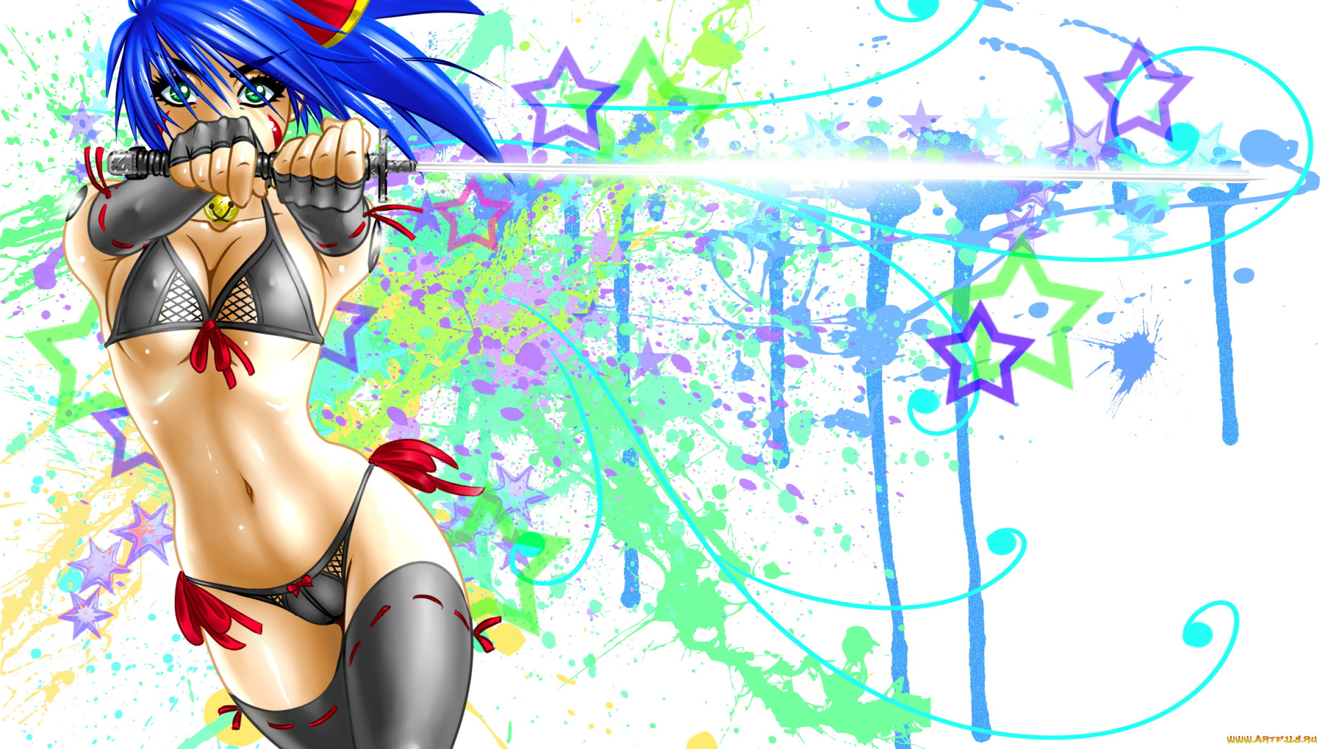 аниме, оружие, , техника, , технологии, фон, чулки, взгляд, катана, девушка