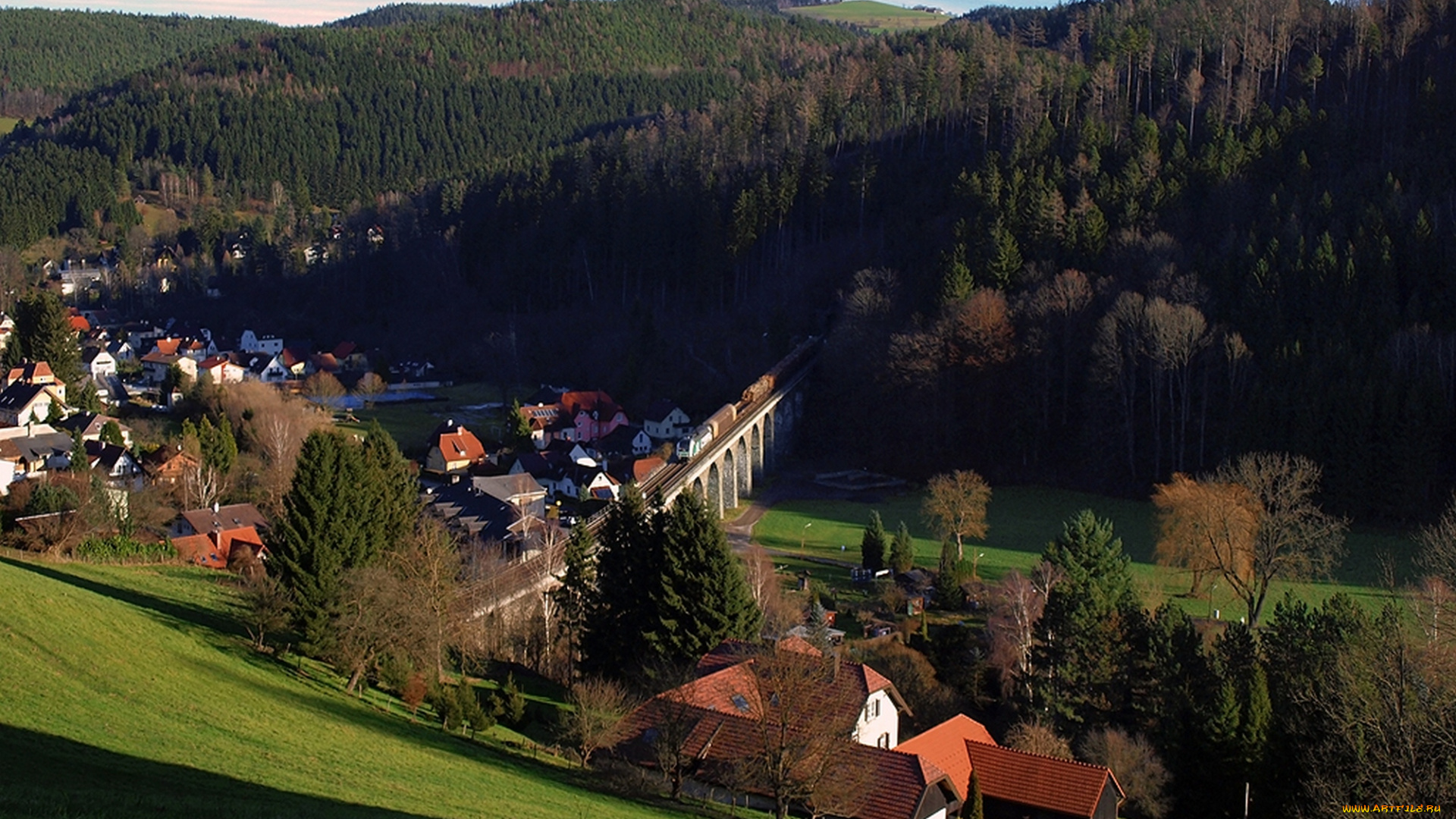 города, -, пейзажи, осень, горы, панорама, мост, поезд