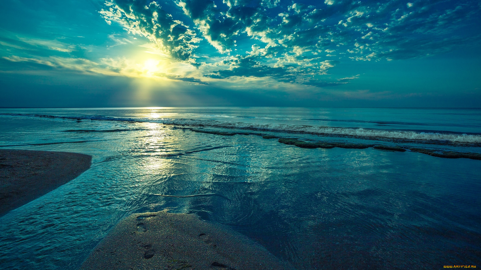 природа, побережье, море, облака, закат