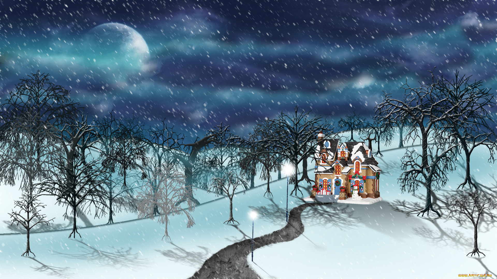 рисованное, природа, зима, деревья, снег