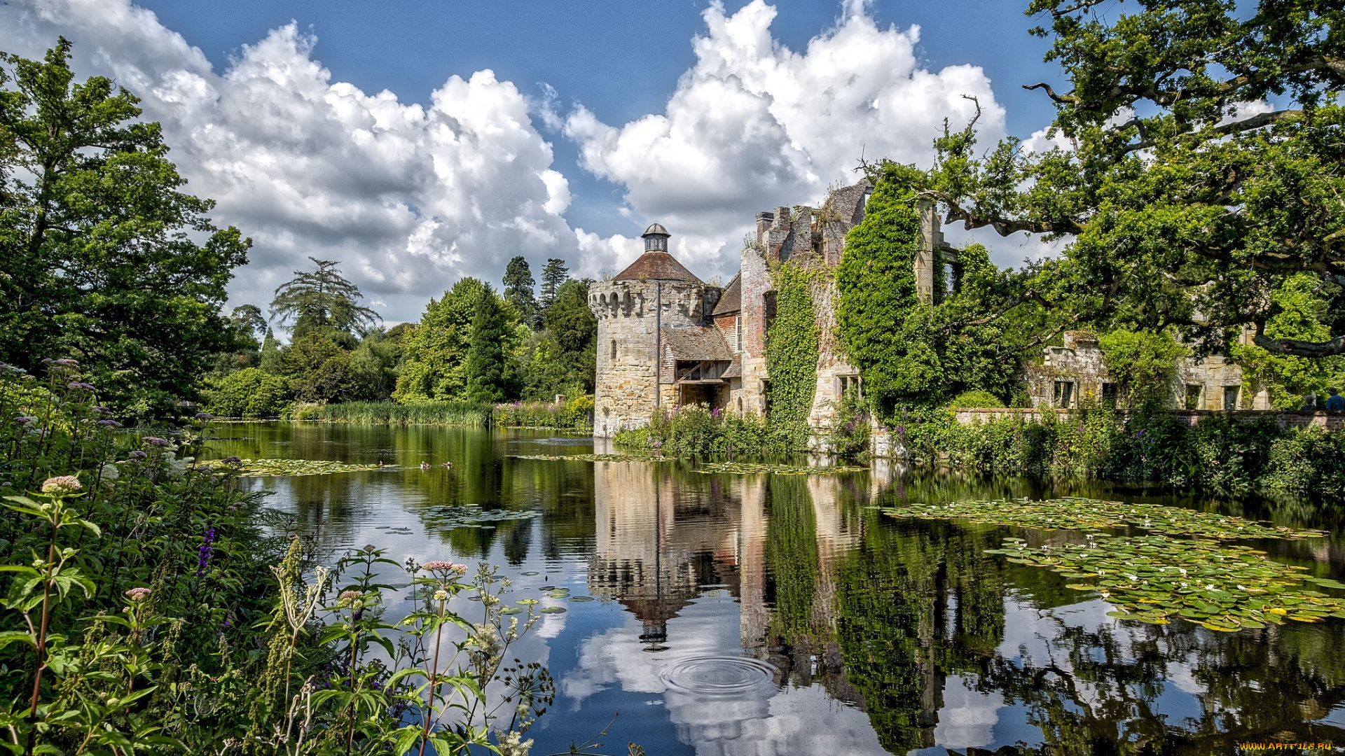 scotney, castle, города, замки, англии, лес, горы, замок, озеро