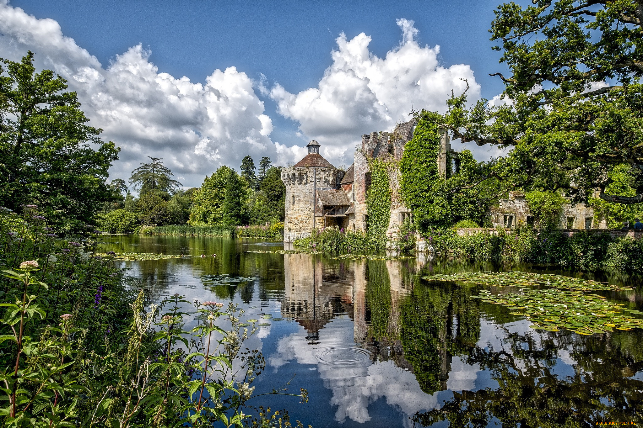 scotney, castle, города, замки, англии, лес, горы, замок, озеро