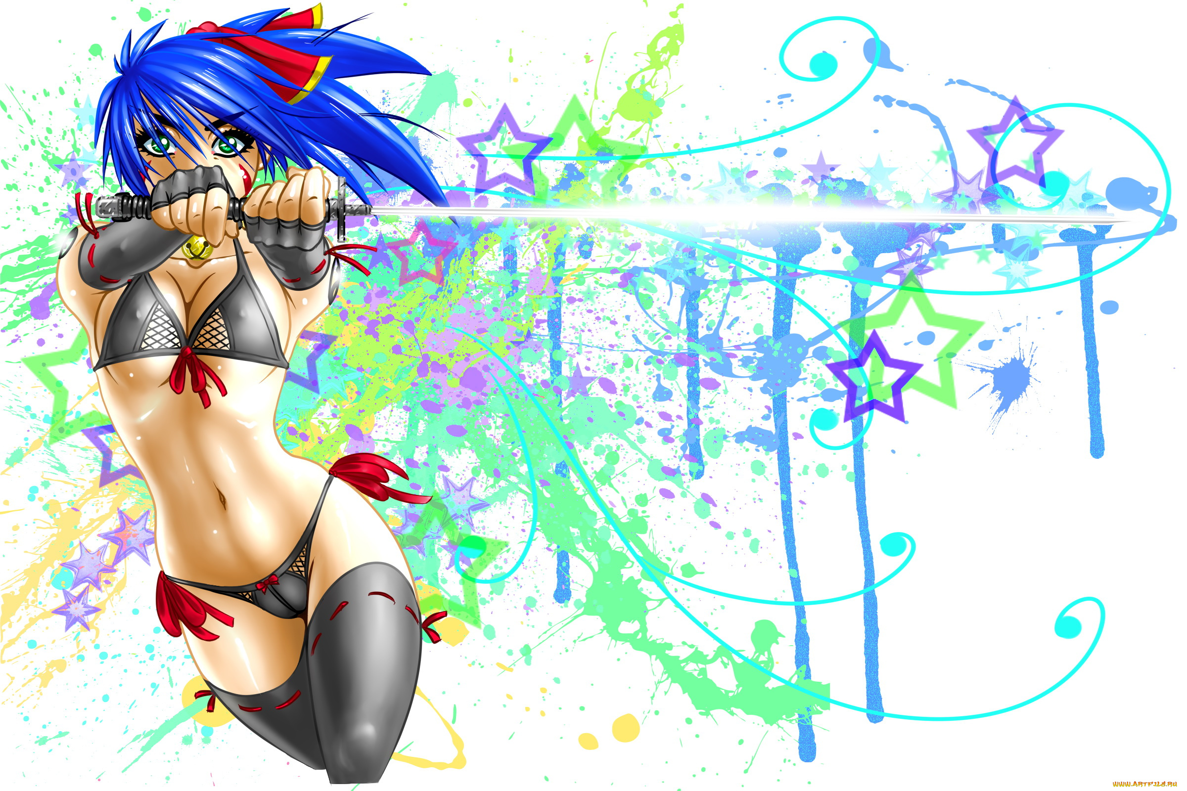 аниме, оружие, , техника, , технологии, фон, чулки, взгляд, катана, девушка