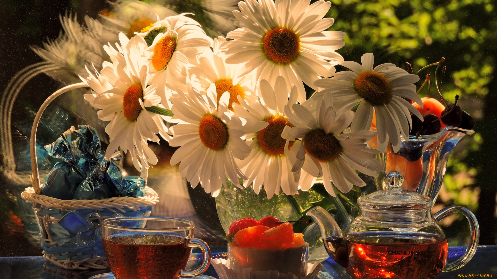 еда, напитки, , Чай, конфеты, день, рождения, цветы, чай, фрукты, фото, праздник, пирожное, натюрморт, лето, ромашки