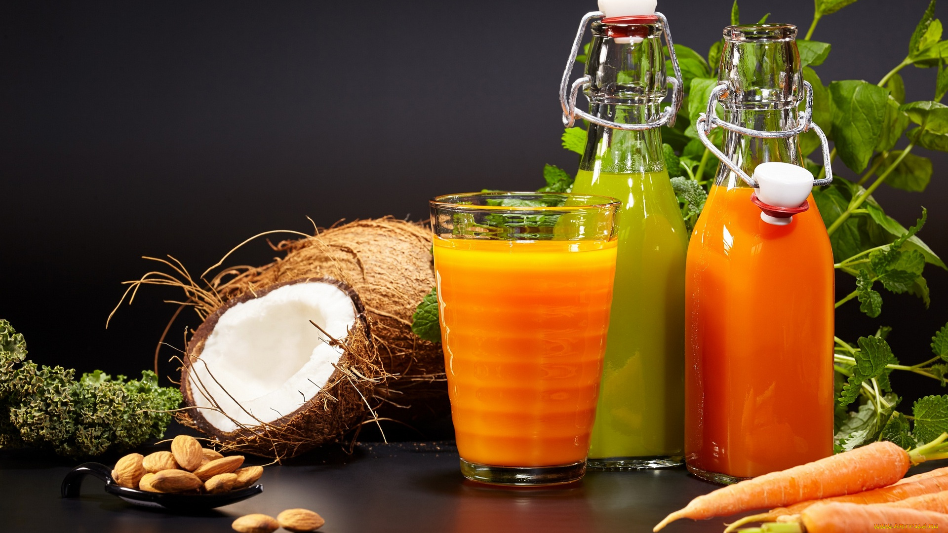 еда, напитки, , сок, бутылки, кокос, миндаль, морковь, стакан