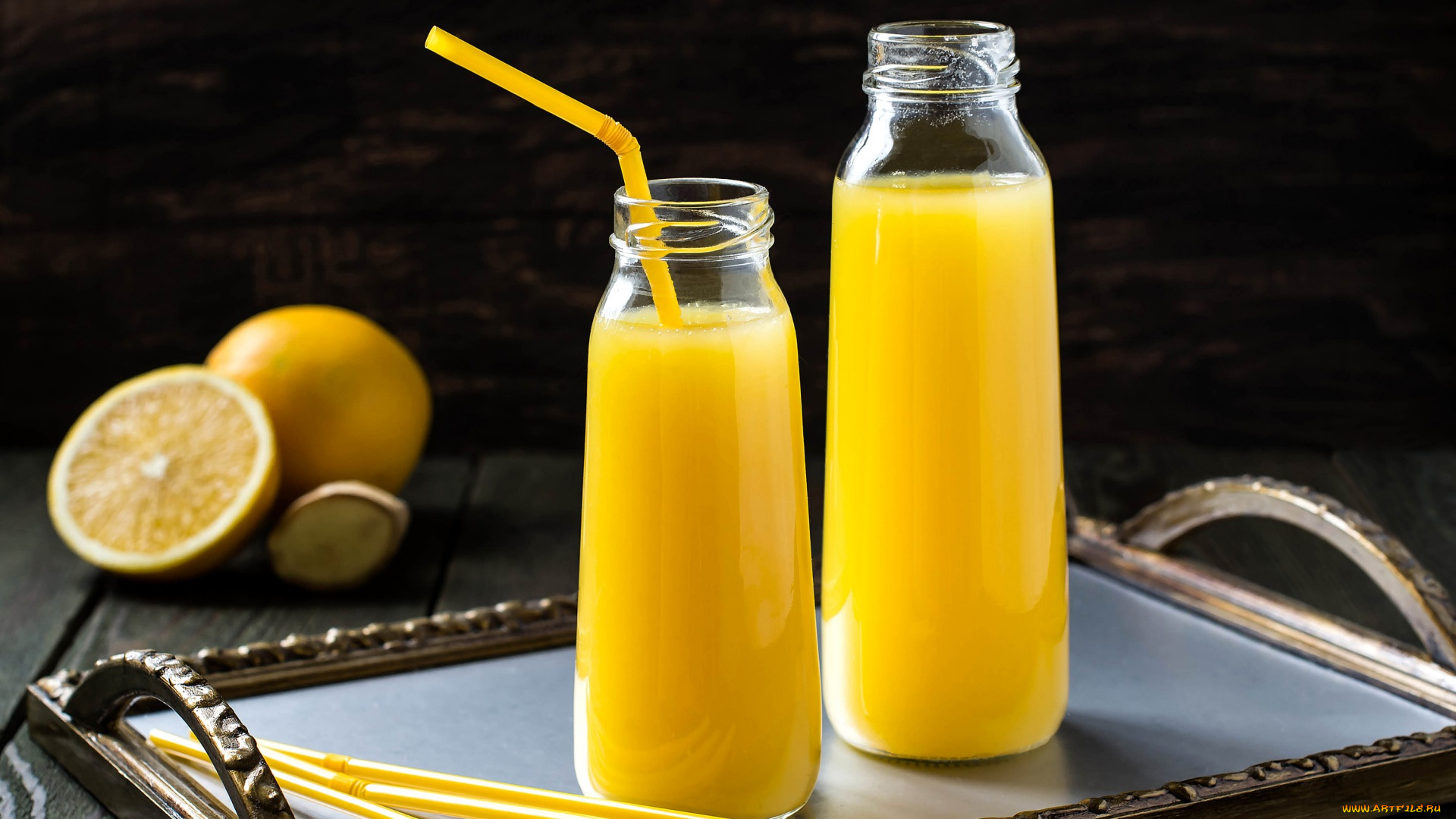 еда, напитки, , сок, трубочки, апельсины, поднос, бутылки