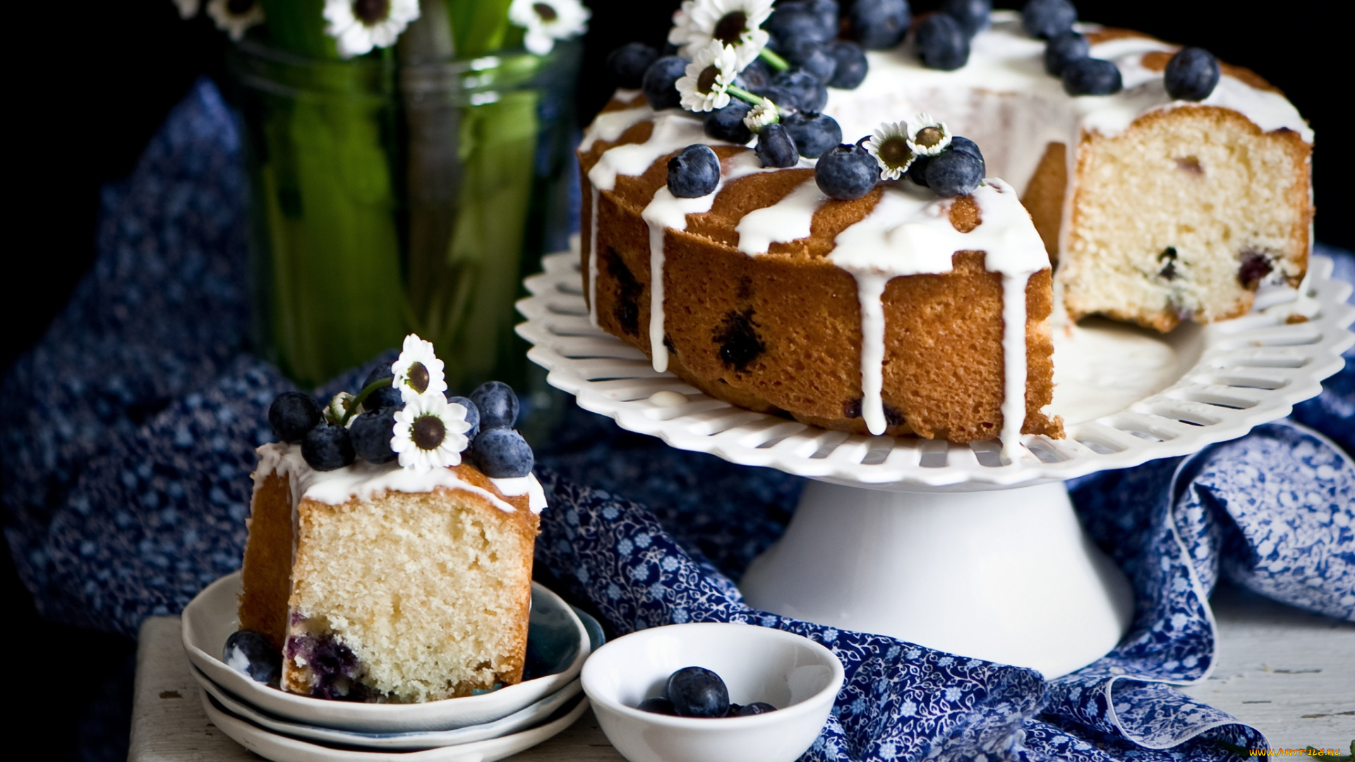 еда, пироги, выпечка, черника, ягоды, пирог, цветы