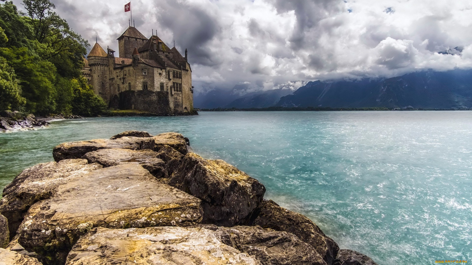 города, -, дворцы, , замки, , крепости, замок, озеро, облака, деревья, горы, тучи