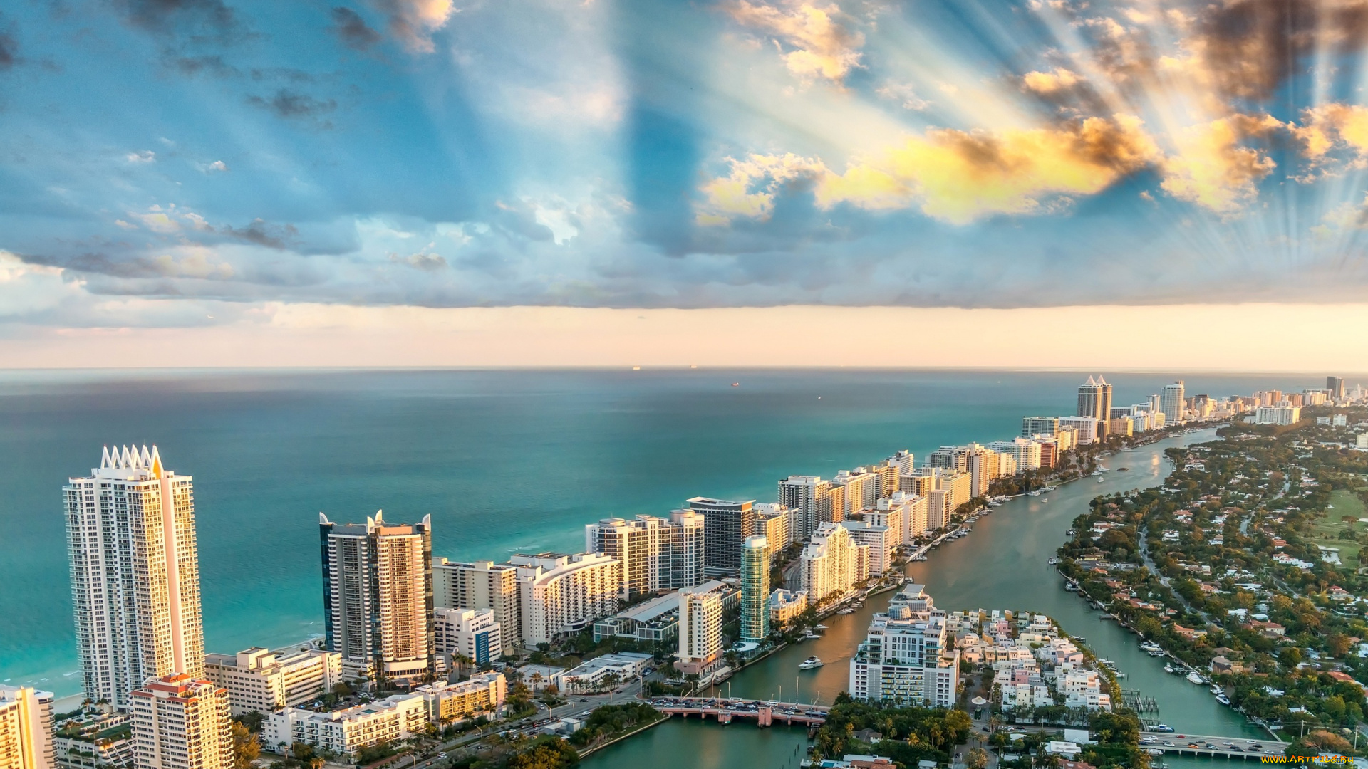 города, майами, , сша, облака, горизонт, вид, сверху, небо, флорида, майами, дома, панорама, побережье, море, лучи, солнца