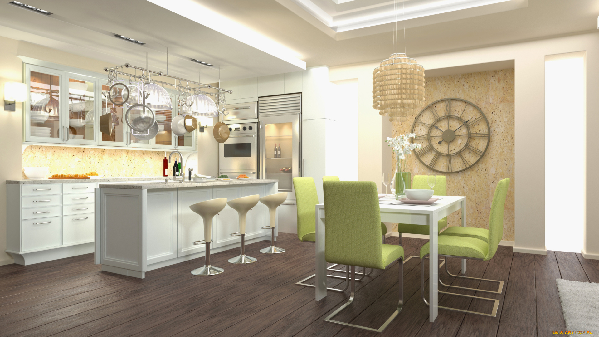 интерьер, кухня, цветы, стиль, люстры