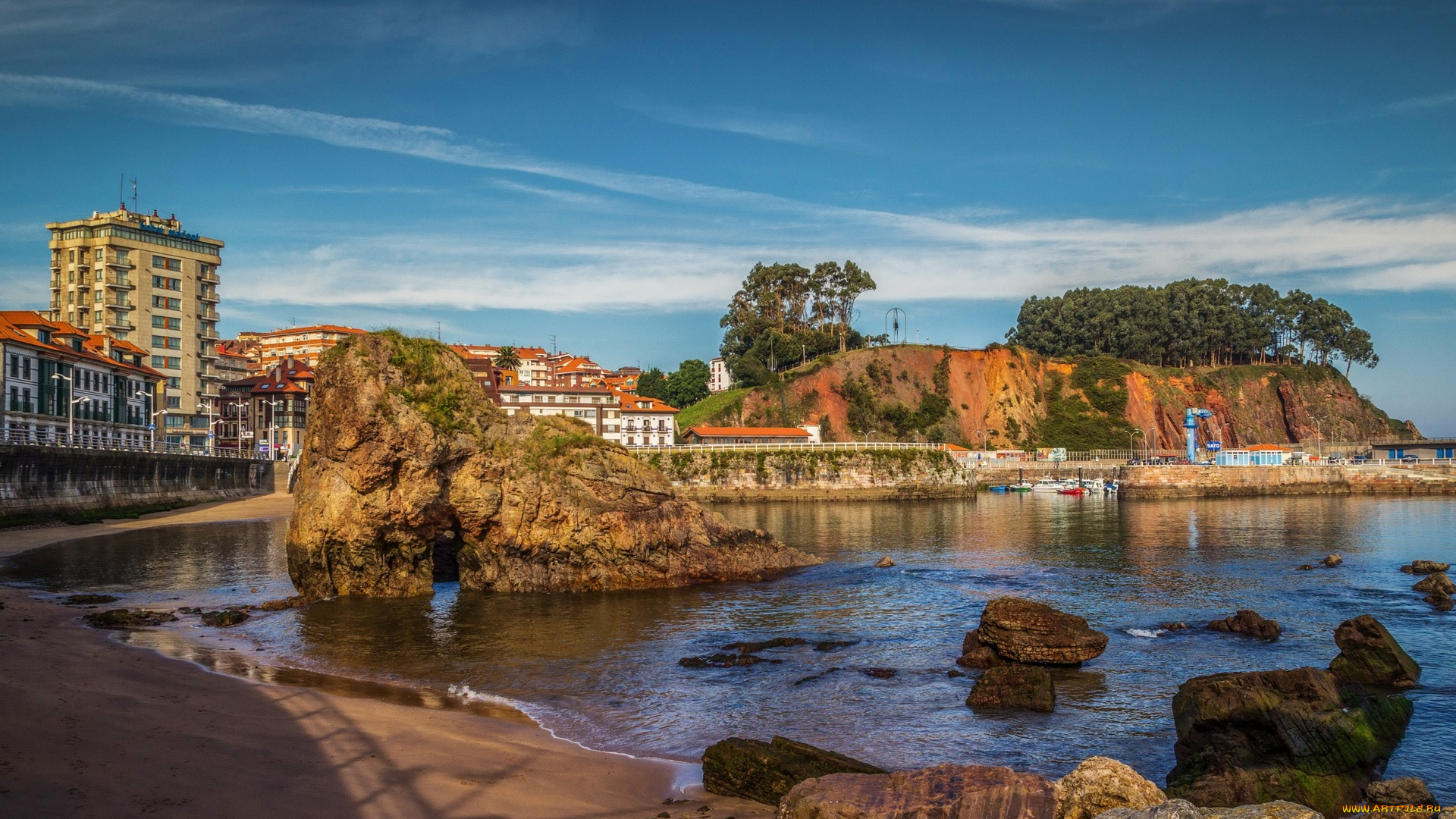 испания, города, -, панорамы, водоем, деревья, холм, камни, здания