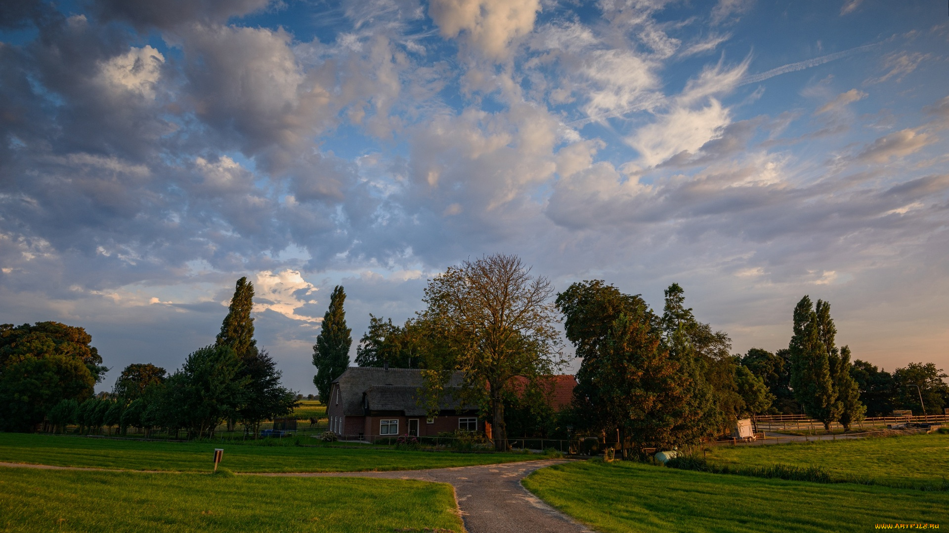 природа, дороги, дорога, трава, дом, деревья