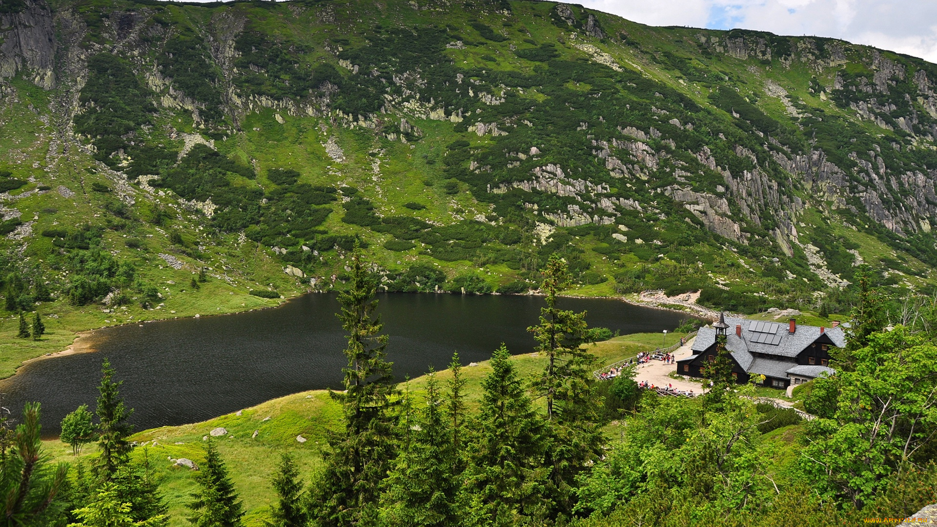 природа, реки, озера, деревья, вид, сверху, озеро, дом, горы