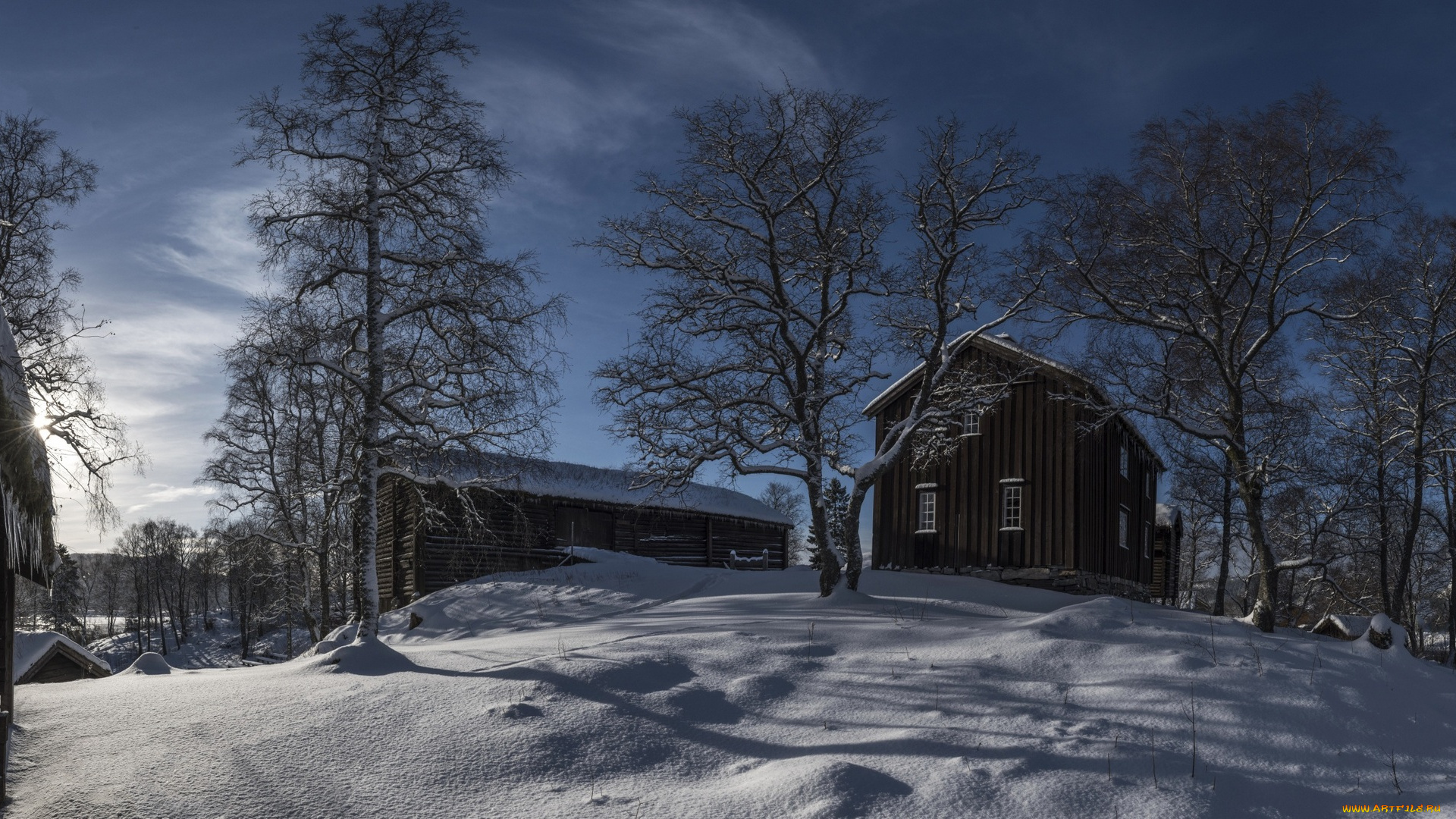 природа, зима, постройки, снег, деревья