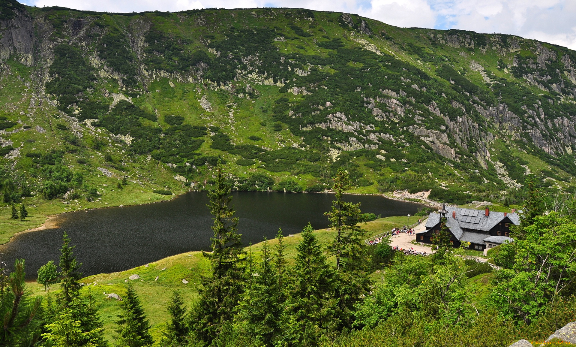 природа, реки, озера, деревья, вид, сверху, озеро, дом, горы