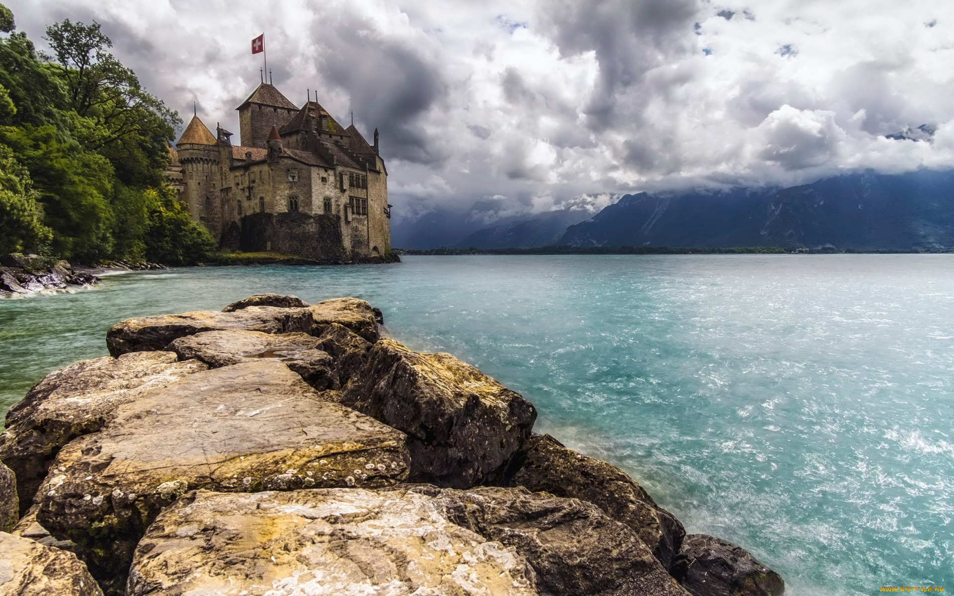 города, -, дворцы, , замки, , крепости, замок, озеро, облака, деревья, горы, тучи