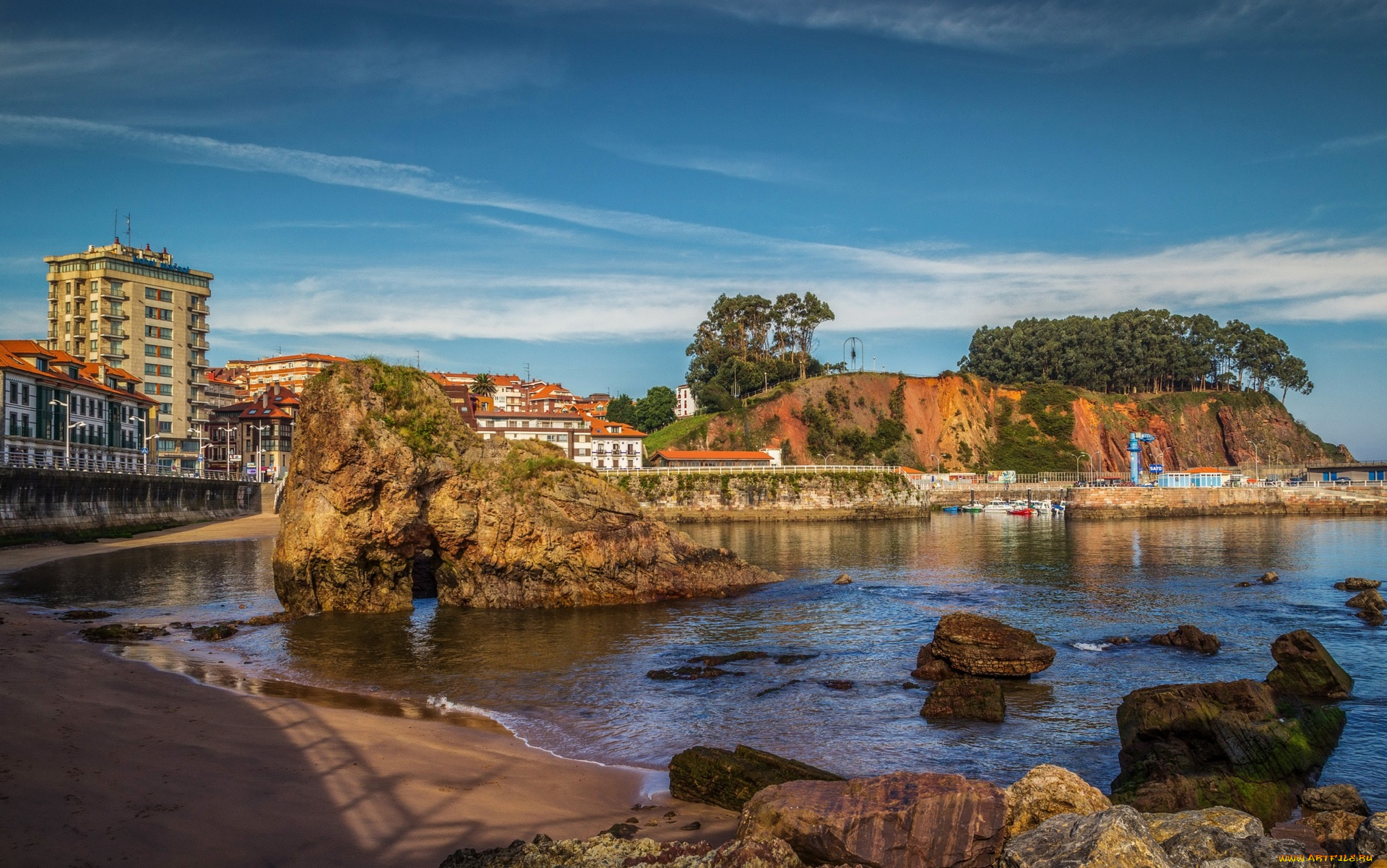испания, города, -, панорамы, водоем, деревья, холм, камни, здания
