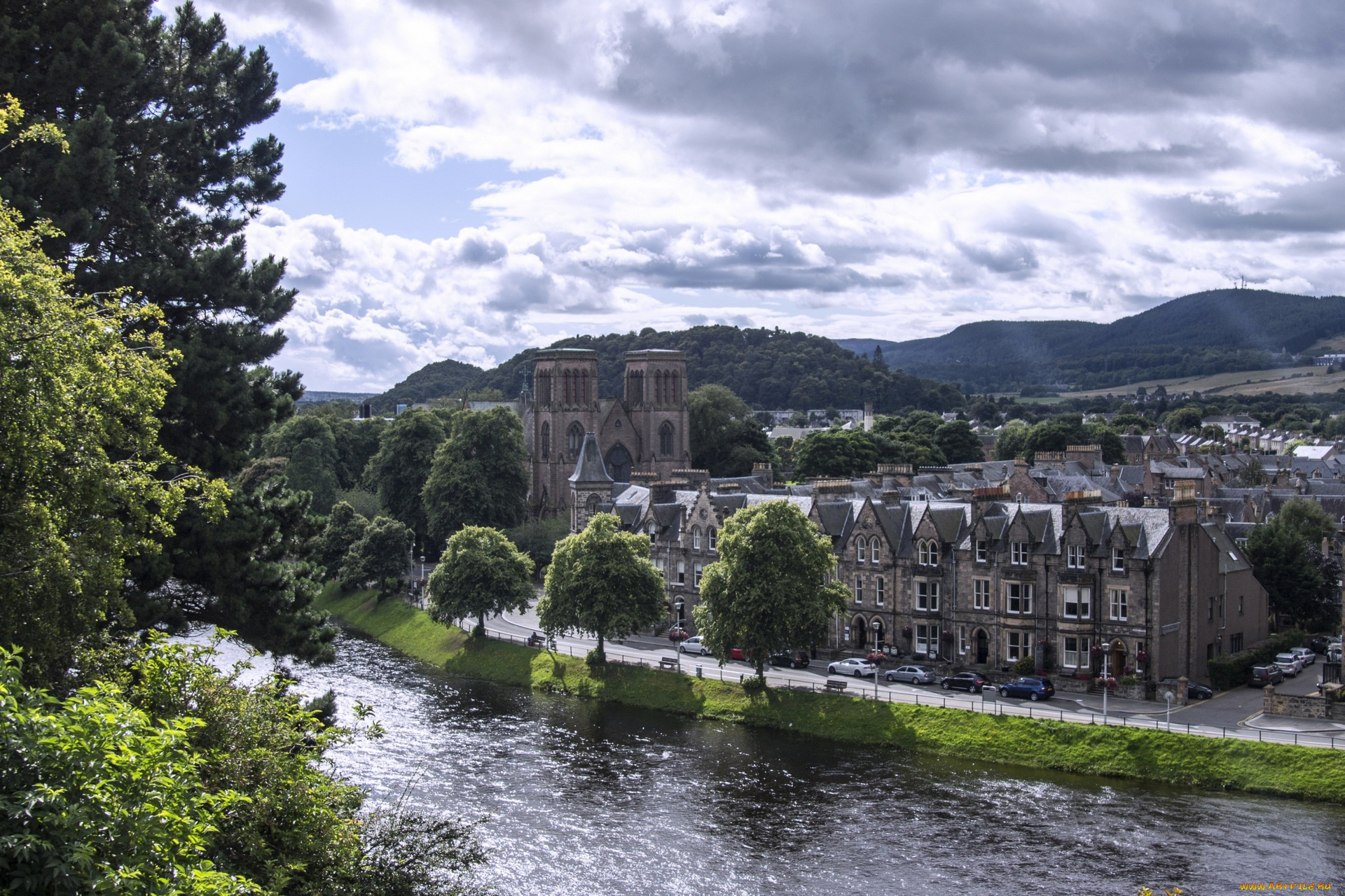 города, -, панорамы, дорога, деревья, машины, холмы, облака, здания, водоем