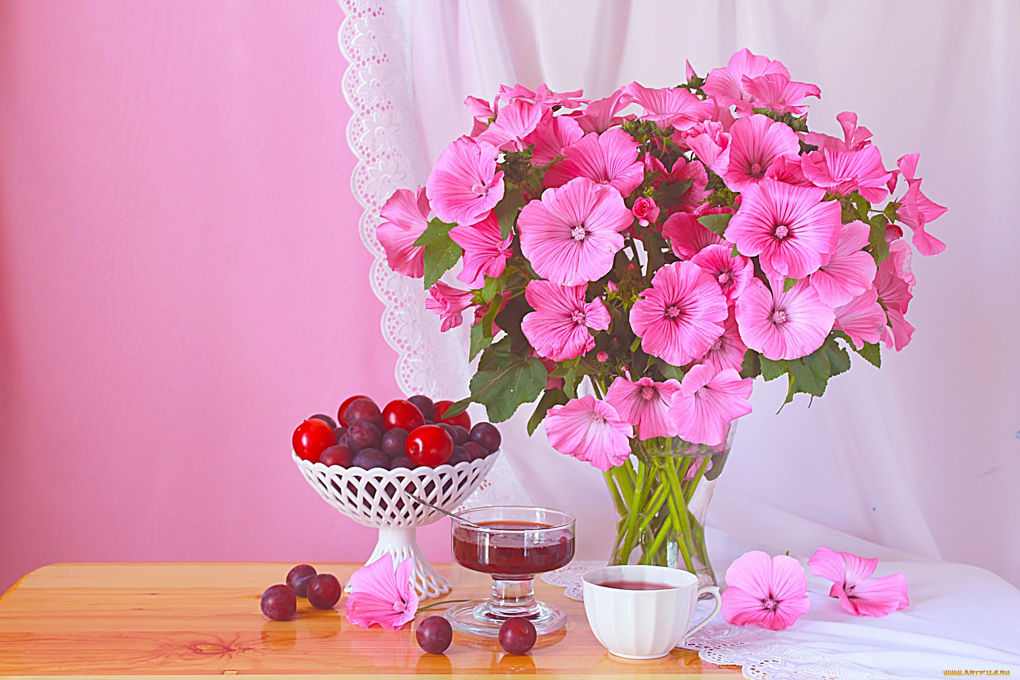 еда, натюрморт, лаватера, лето, слива, цветы, чашка, фрукты, сливовое, варение, флора