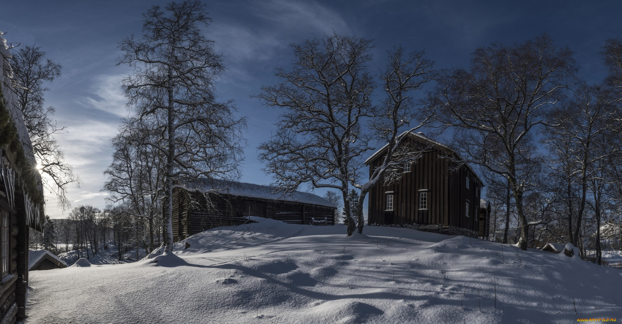 природа, зима, постройки, снег, деревья