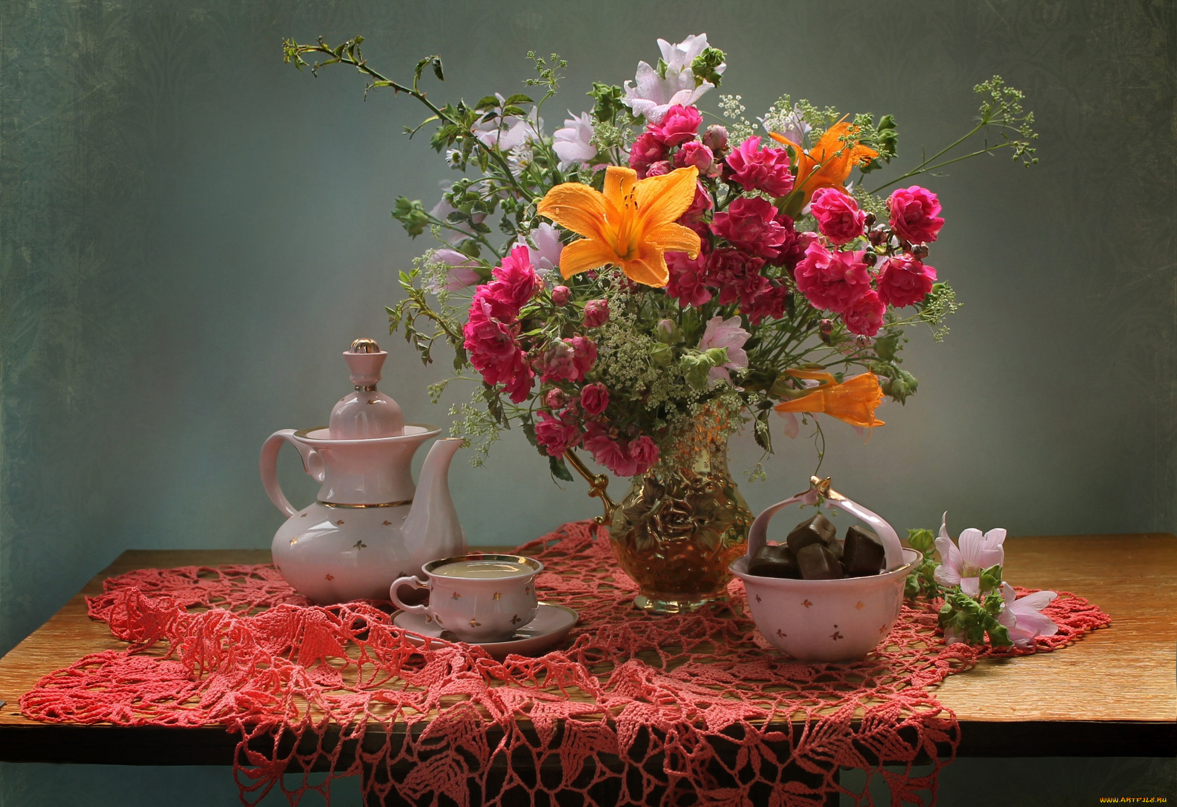 еда, конфеты, , шоколад, , сладости, лето, кофе, цветы, фарфор, натюрморт