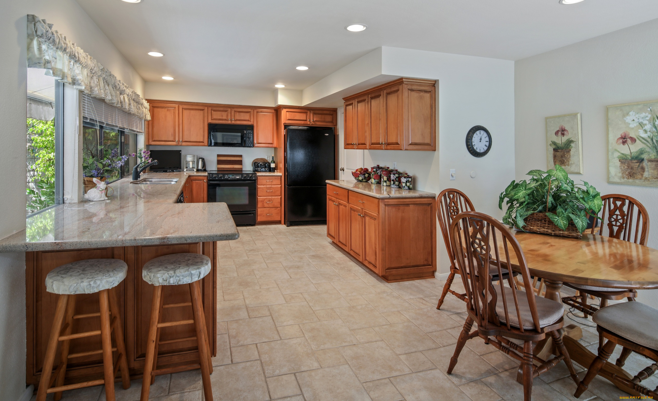 интерьер, кухня, стиль, цветы, люстры