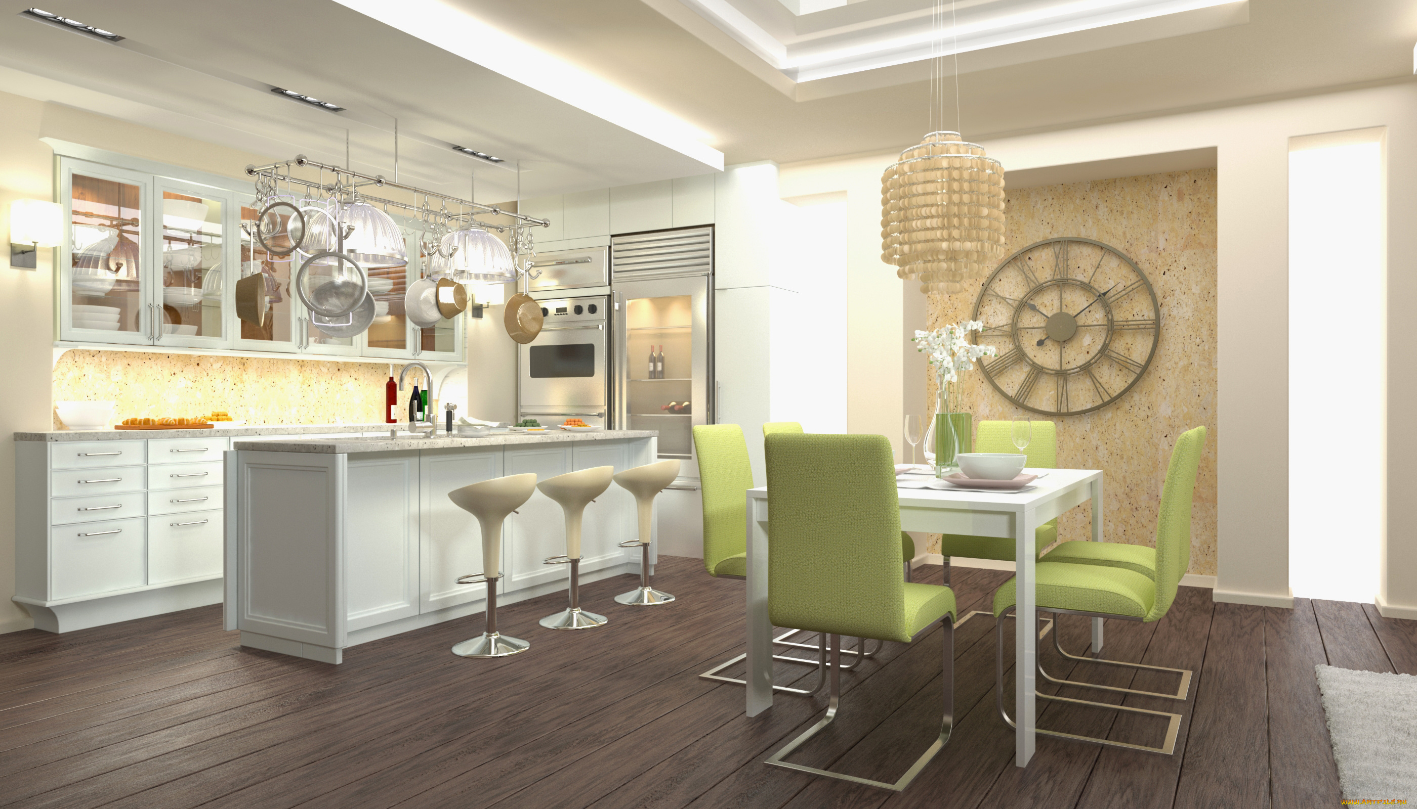 интерьер, кухня, цветы, стиль, люстры
