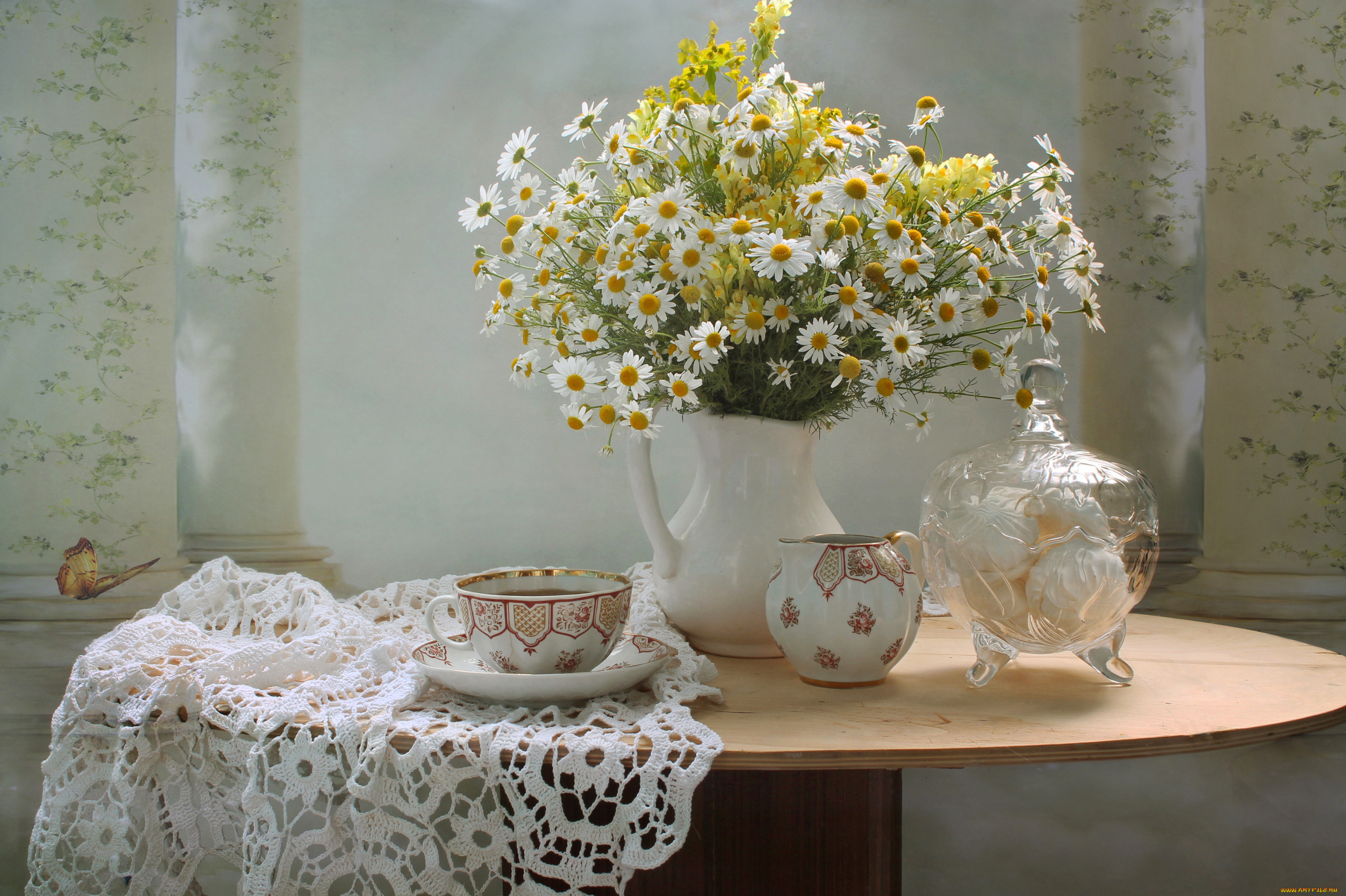 еда, натюрморт, цветы, ромашки, зефир, июль, лето, полевые