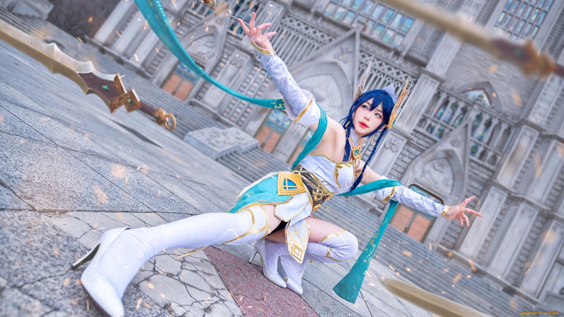 девушки, -, креатив, , косплей, костюм, двор, здание, оружие