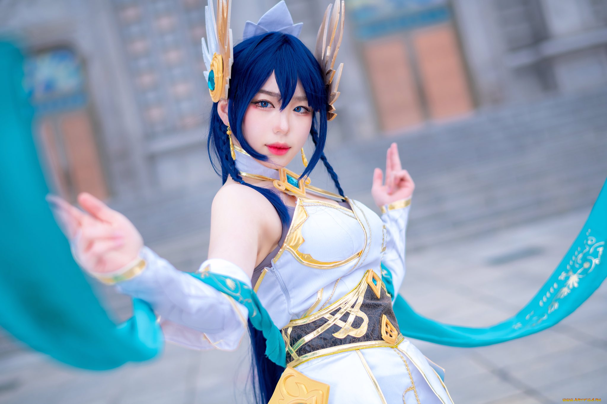 девушки, -, креатив, , косплей, костюм, двор, здание