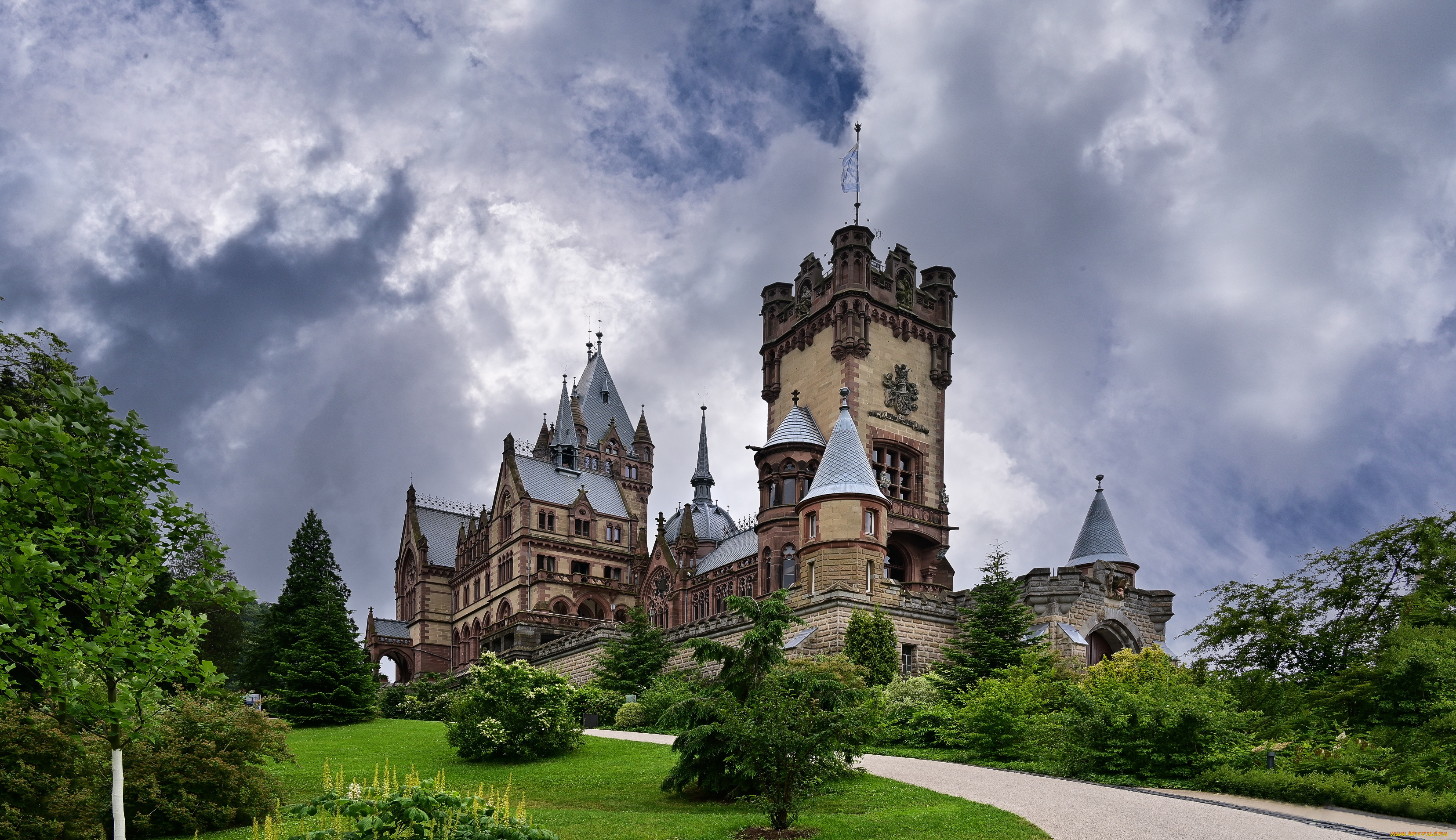 города, -, дворцы, , замки, , крепости, облака, замок, германия, башни, drachenburg, castle