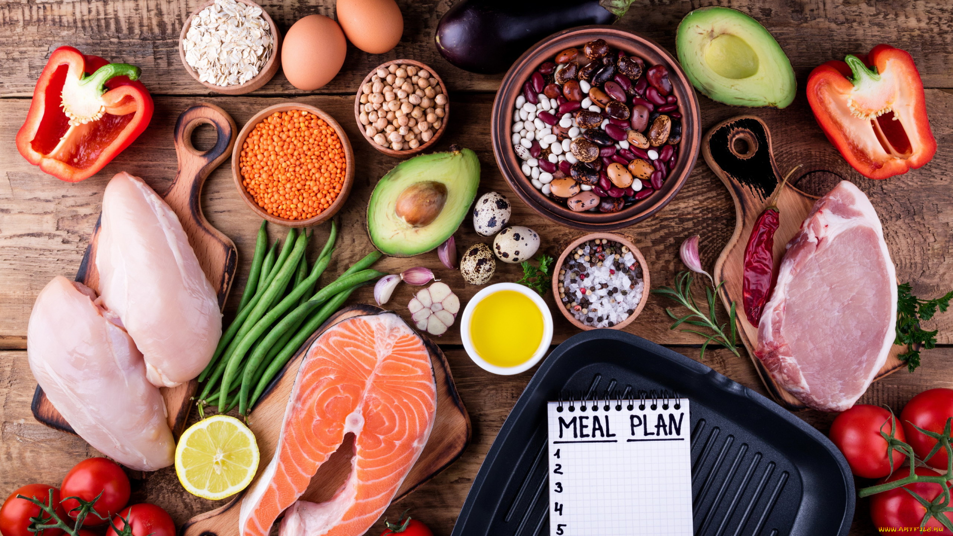 еда, разное, мясо, форель, фасоль, перец, авокадо, помидоры