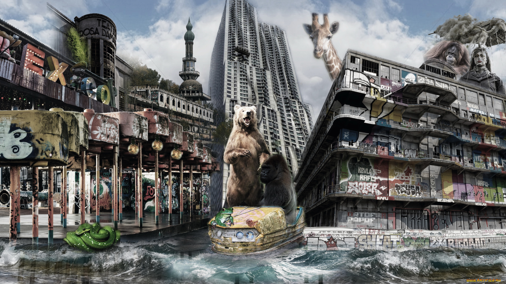 разное, компьютерный, дизайн, город, фон, звери