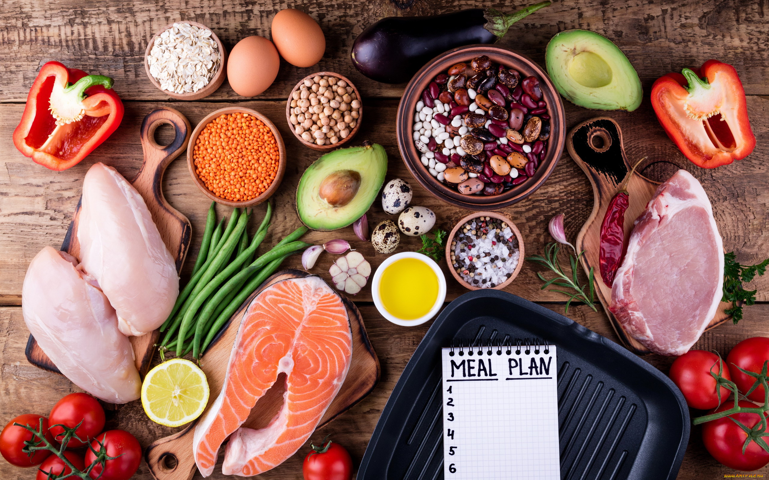 еда, разное, мясо, форель, фасоль, перец, авокадо, помидоры