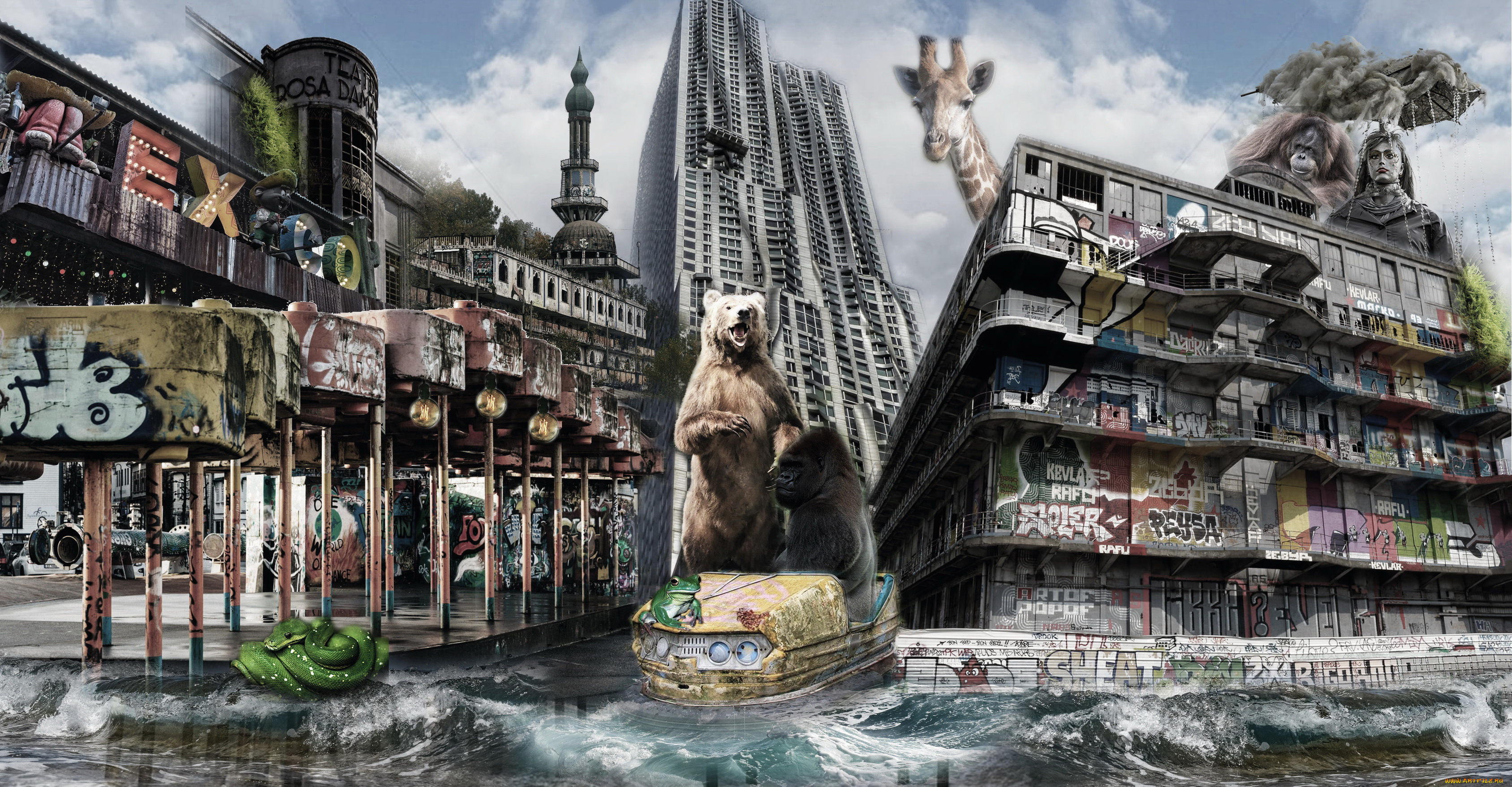 разное, компьютерный, дизайн, город, фон, звери