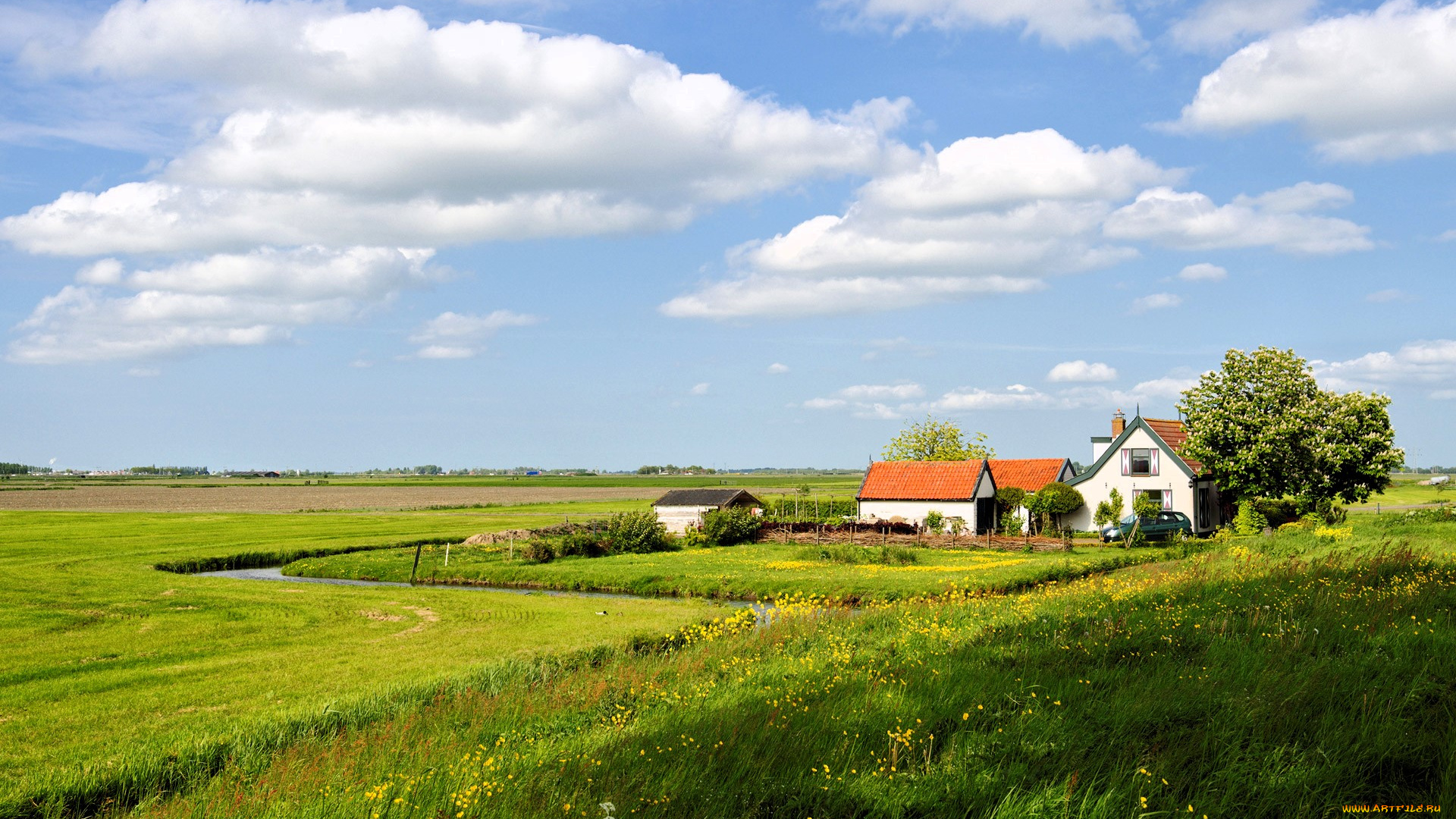 города, -, здания, , дома, дом, постройки, речка, поля