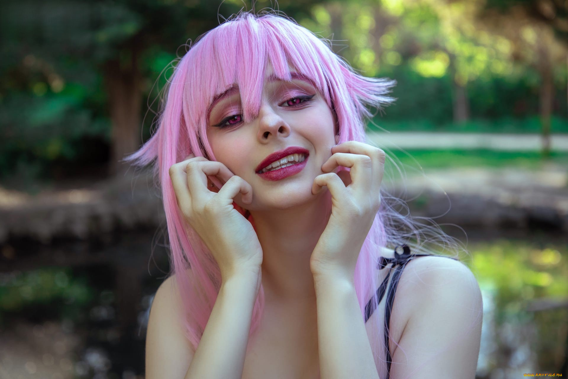 девушки, kurumirori, образ, розовые, волосы, лицо