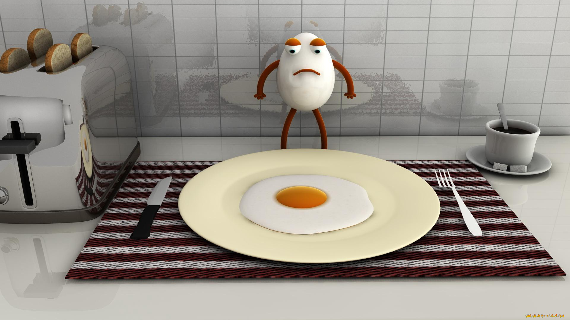3д, графика, humor, юмор, тарелка, яичница, тостер, чашка