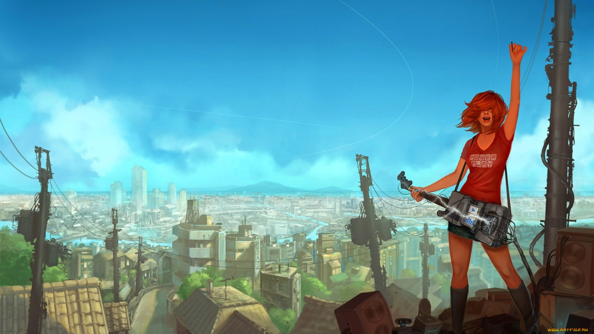 аниме, headphones, instrumental, город, девушка, гитара, колонки, столб, небо, провода, ликование, музыка