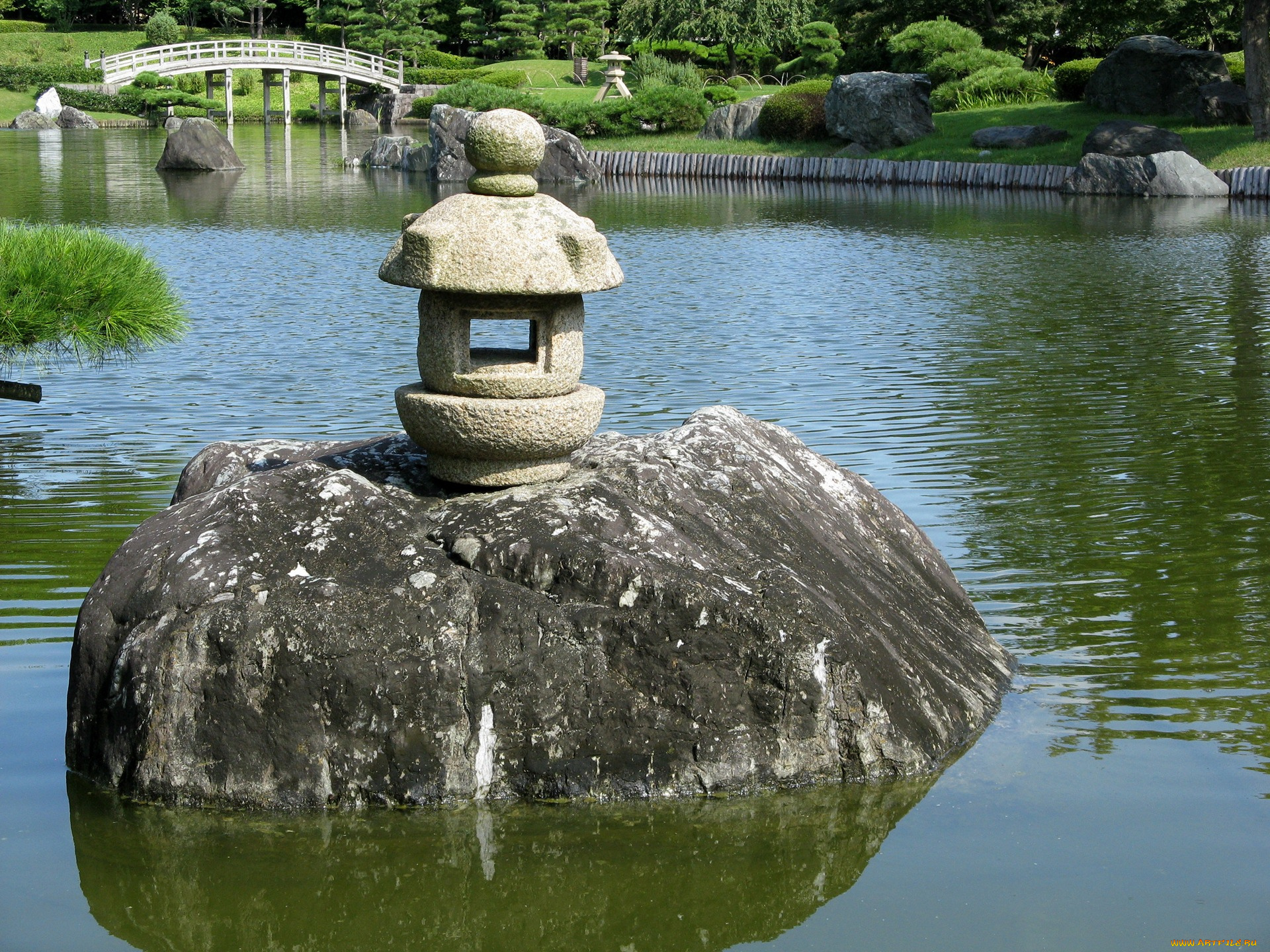 природа, парк, мостик, вода, камни