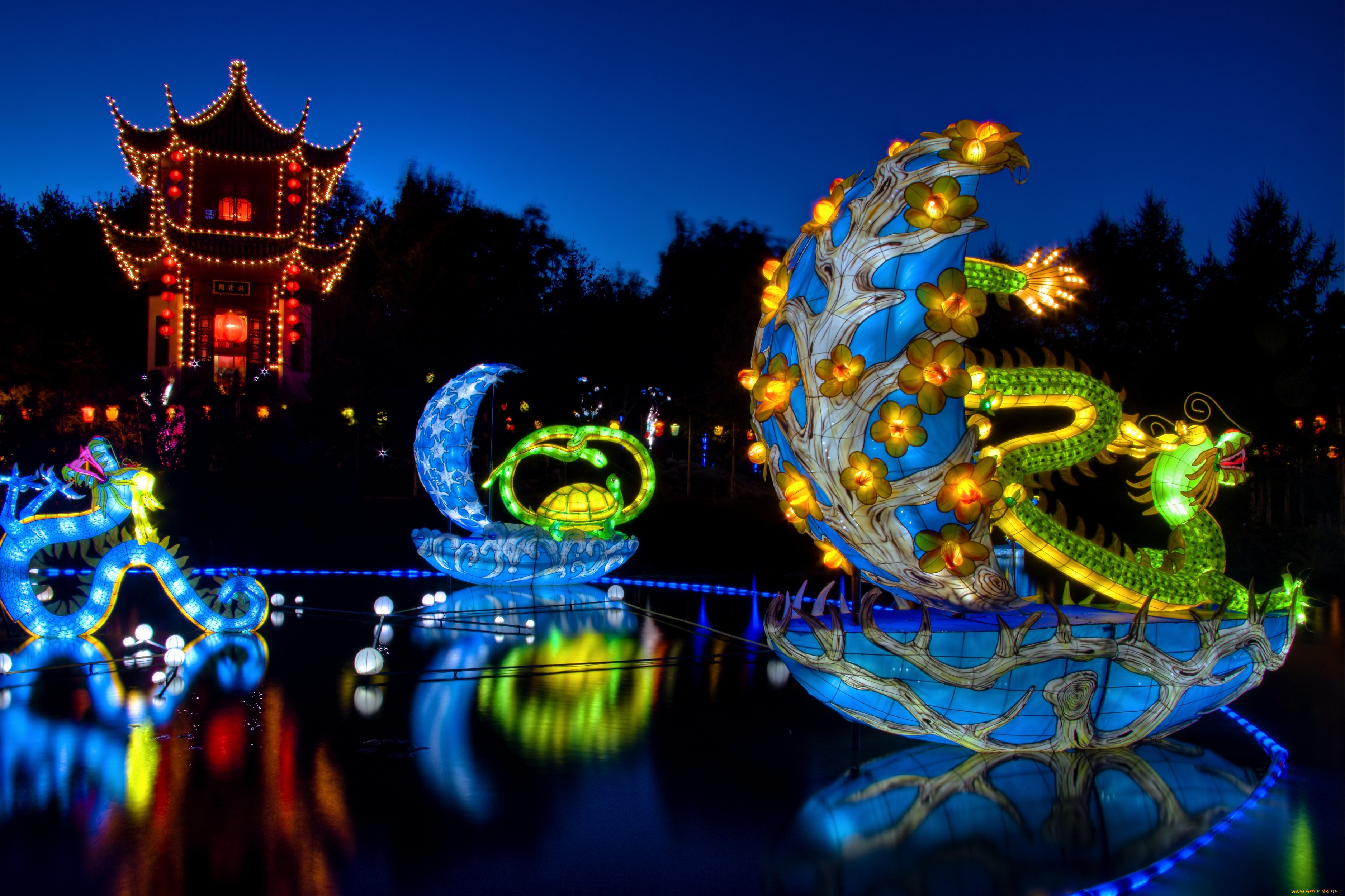 разное, иллюминация, пагода, дракон, парусники, цветы